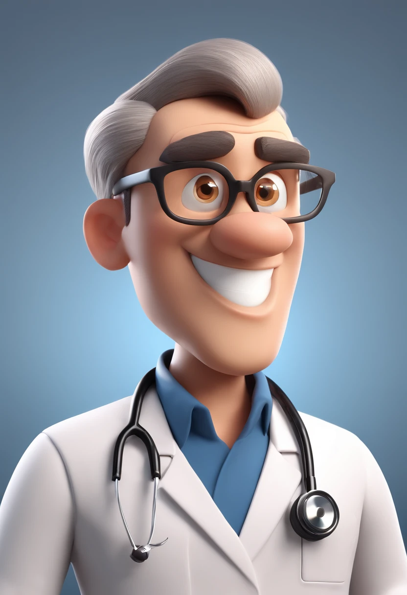 Cartoon character of a male doctor, cabelo raspado, sorrindo, um personagem animado, Caractere estilizado, animation style rendering, 3D estilizado, Arnold Maya render, 3 d render stylized, toon render keyshot, Personagem 3D, Personagem 3D, 3d rendering stylized, 3 d character render, personagem de desenho animado, Personagem de close up, Pose de personagem, (Estilo Pixar) (master part:1.2) (Bokeh) (melhor qualidade) (pele detalhada) (textura detalhada) (8k) (argila) (Cinematic lighting) (foco nítido,Senta e vaza a parte superior do corpo