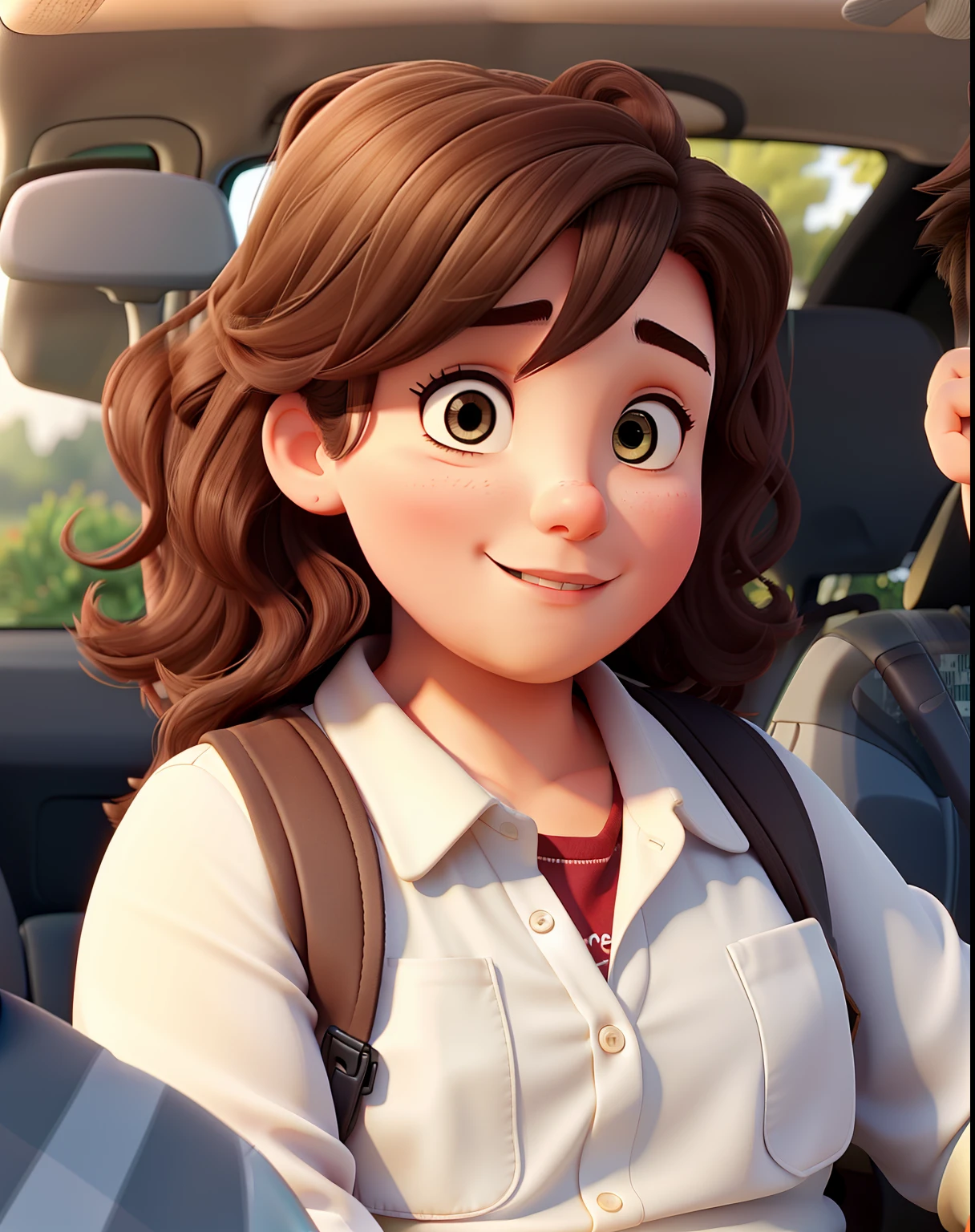 A chubby male couple is wavy hair woman inside a car traveling