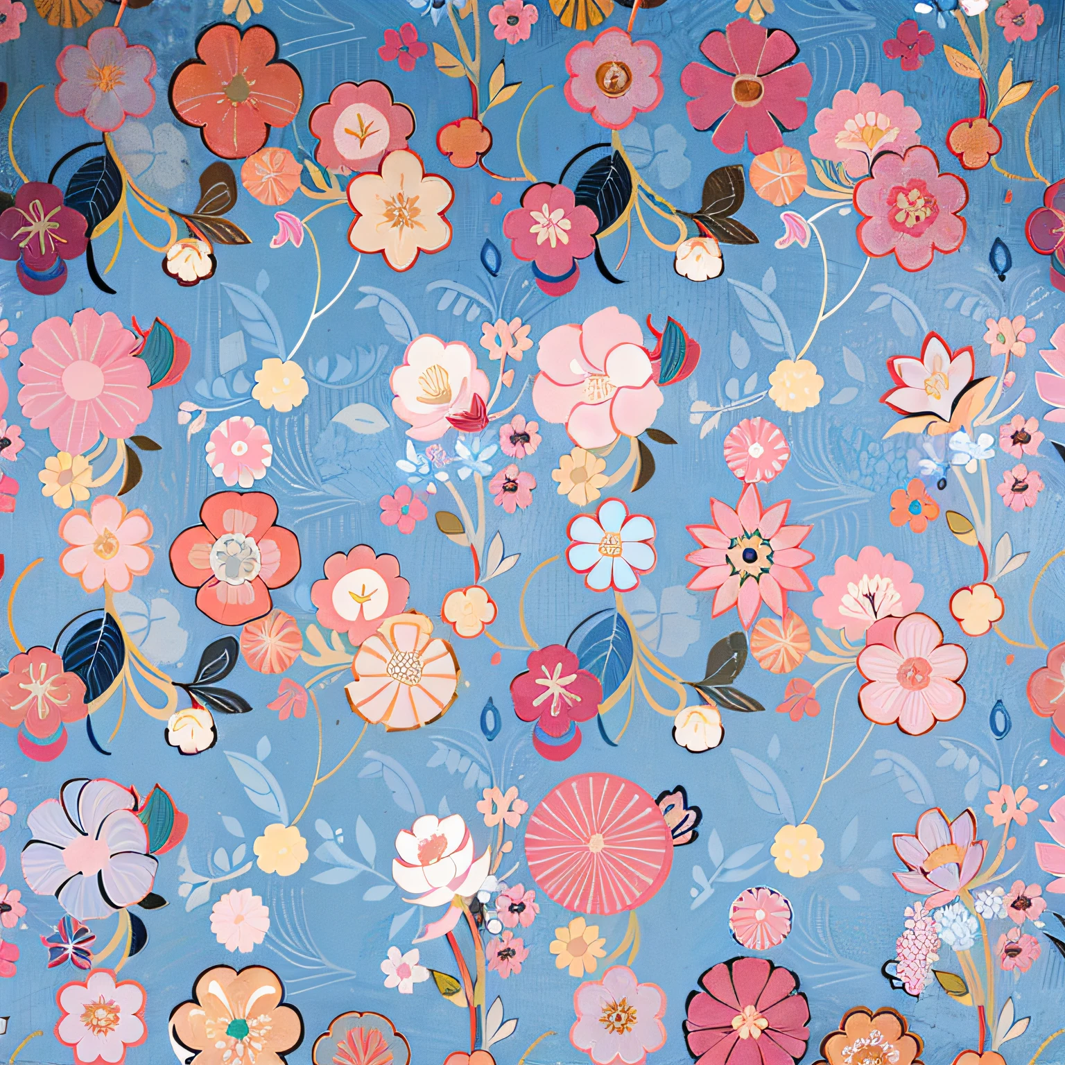 Continuous mode，Seamless pattern design，Blue background with pink and yellow flowers and leaves, Inspired by Emily Murray Patterson, Inspired by Raoul Dufy, floral patterns, repeating fabric pattern, chinoiserie pattern, Repetitive patterns, Inspired by Hilda May Gordon, Inspired by Cecil Walton, Garden floral pattern, Inspired by Willard Mullin, inspired by Annabel Kidston, inspired by Hyman Bloom