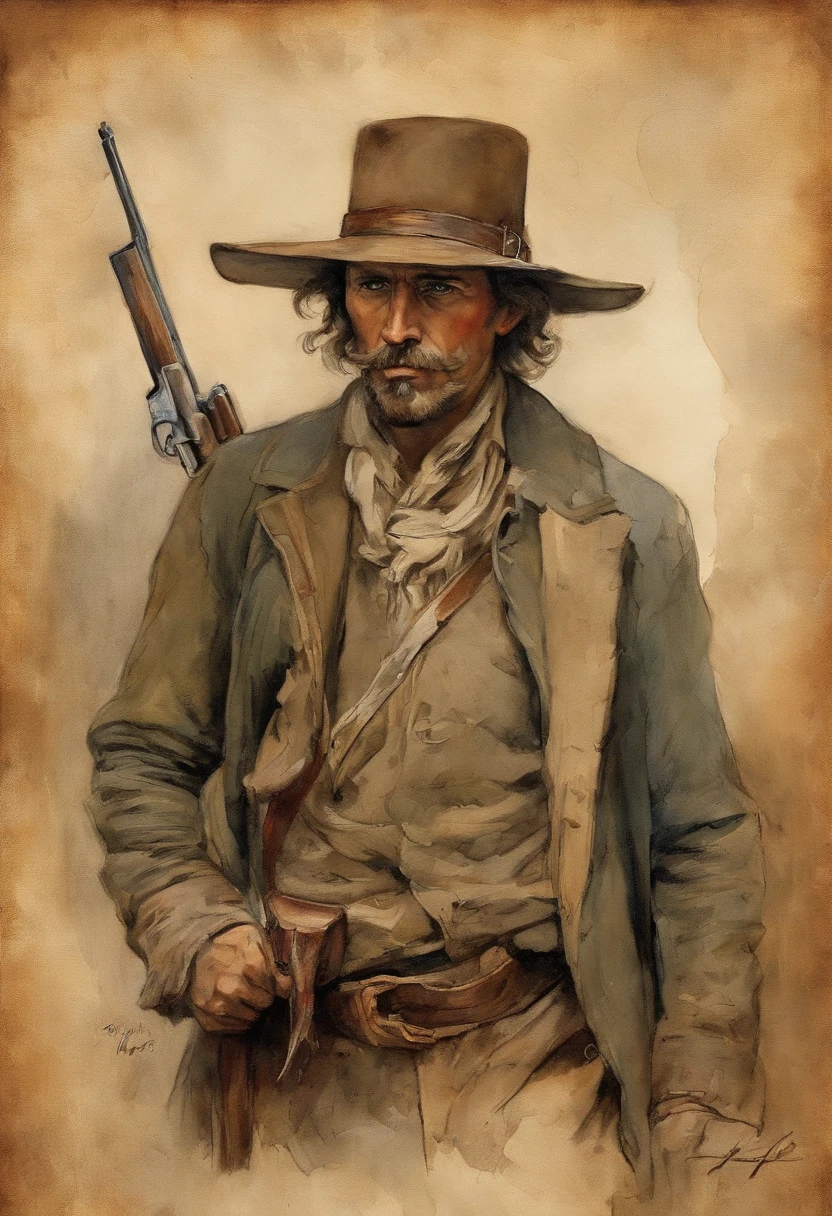Um pistoleiro do Velho Oeste, with a determined look and a gun in his hand. The image is inspired by the works of Clint Eastwood, como "The Lone Gunslinger" e "O Bom, o Mau e o Feio". The gunslinger must have an air of mystery and danger, como se estivesse prestes a enfrentar um duelo mortal. As cores devem ser vibrantes e contrastantes,
como os de Alphonse Mucha. Os detalhes devem ser delicados e complexos, como o de Mucha;. The strokes should be thick and almost erased, como estampas de arte de rua. The lines that delimit the shapes should privilege coarser and straighter angles.