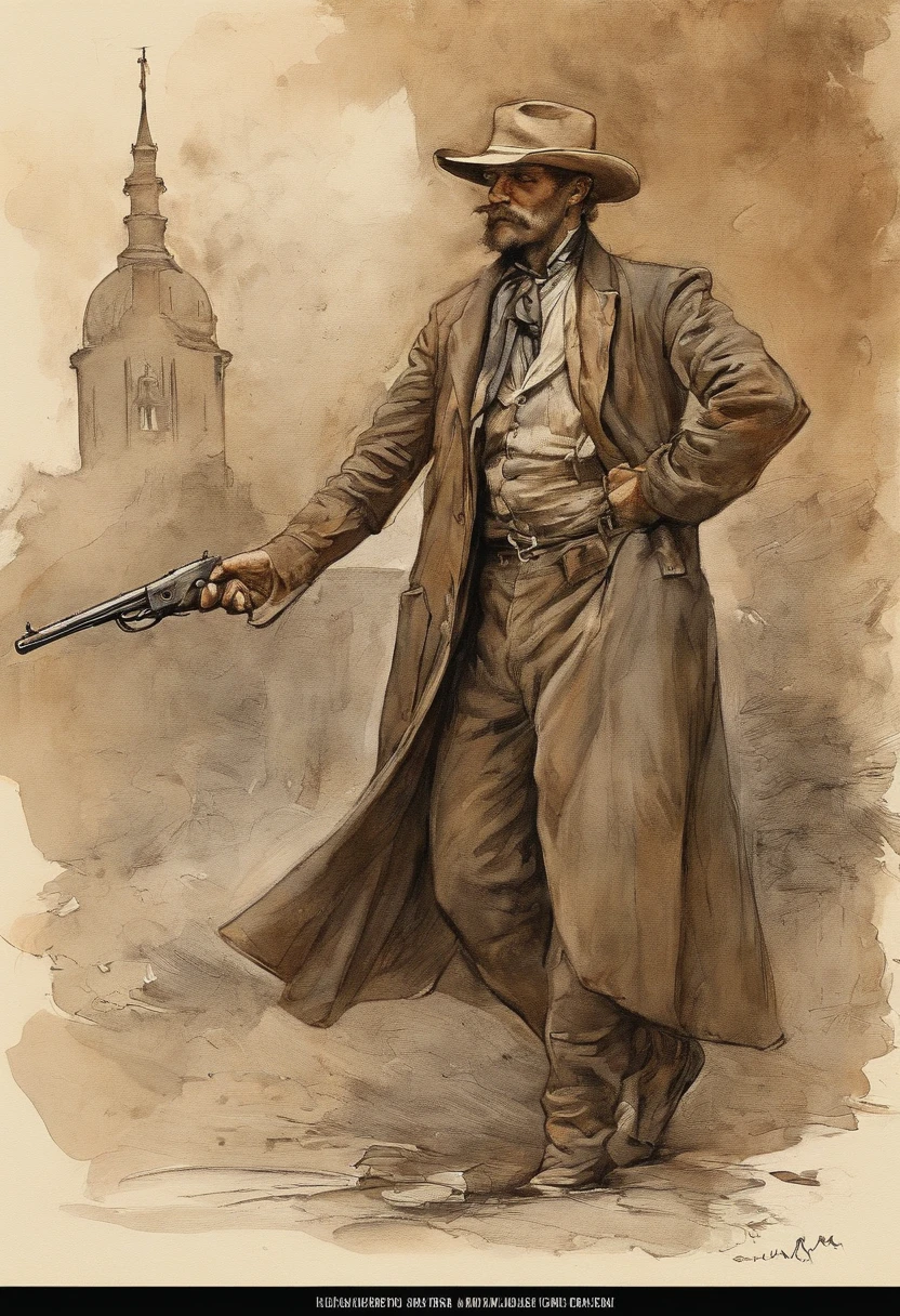 Um pistoleiro do Velho Oeste, with a determined look and a gun in his hand. The image is inspired by the works of Clint Eastwood, como "The Lone Gunslinger" e "O Bom, o Mau e o Feio". The gunslinger must have an air of mystery and danger, como se estivesse prestes a enfrentar um duelo mortal. As cores devem ser vibrantes e contrastantes,
como os de Alphonse Mucha. Os detalhes devem ser delicados e complexos, como o de Mucha;. The strokes should be thick and almost erased, como estampas de arte de rua. The lines that delimit the shapes should privilege coarser and straighter angles.