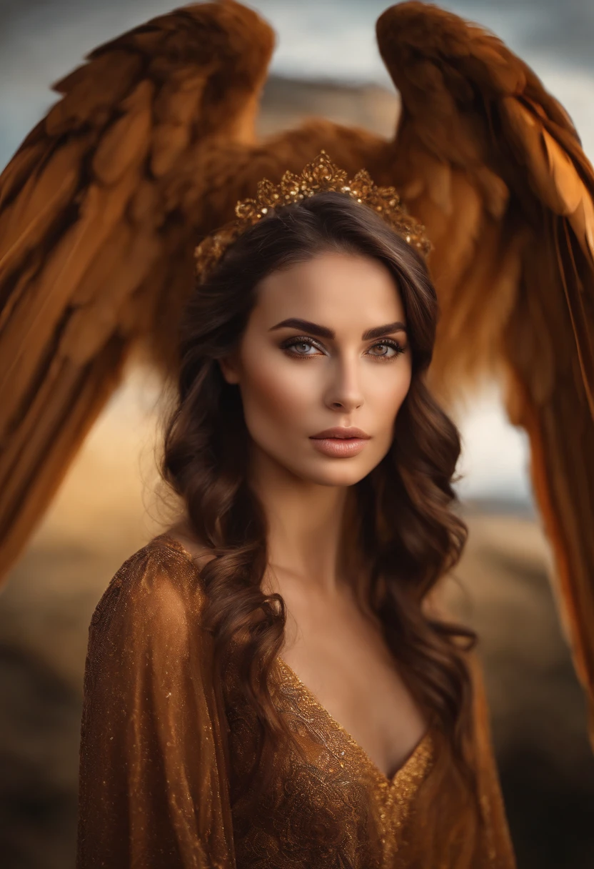 foto mulher realista, Olhos castanhos da mulher, brown hair, UltraHD, Estilo Surrealista, anjo, Rosto detalhado