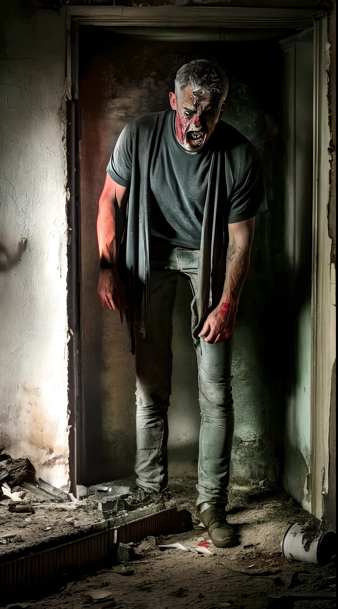 A 3D Horror Movie style of a white man with short, gray hair standing in a dark, abandoned building. The man's face is well-detailed, with flesh that is rotting and peeling away. The man's eyes are white and staring, and his mouth is open in a silent scream. The man's torso is deformed, with deep wounds in the skin. The image is from a horror movie, and the man is a zombie, a reanimated corpse that is driven by hunger and violence. The man is standing in a dark, abandoned building, suggesting that he is looking for prey.