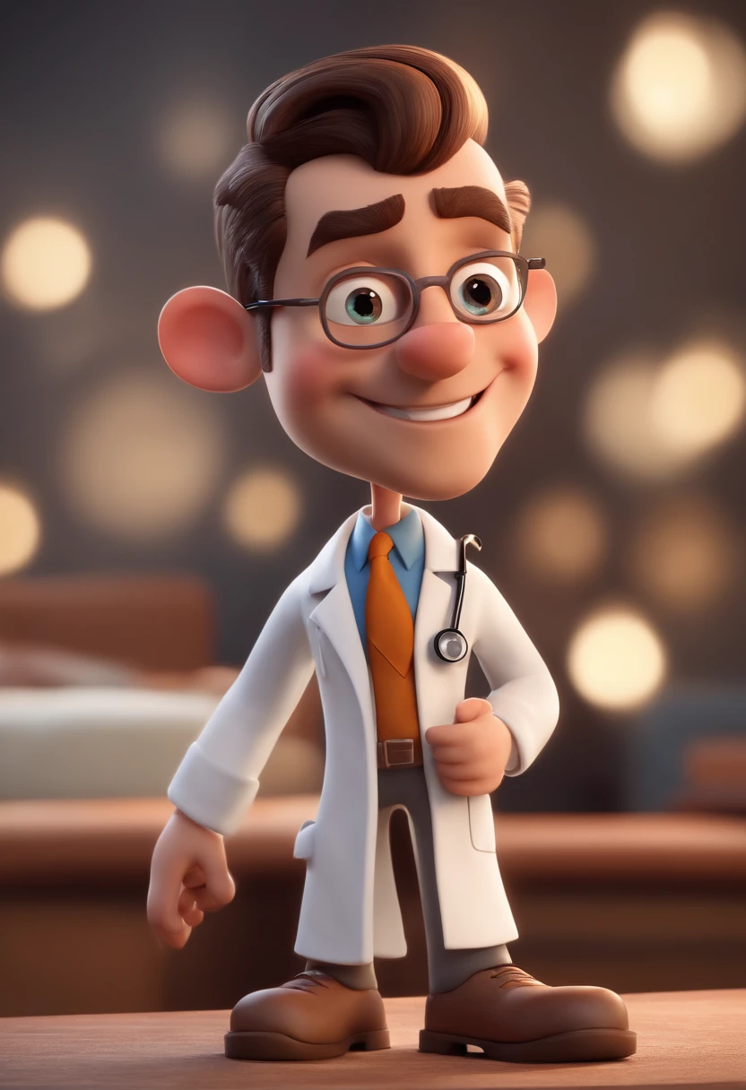 Cartoon character of a male doctor, cabelo raspado, sorrindo, um personagem animado, Caractere estilizado, animation style rendering, 3D estilizado, Arnold Maya render, 3 d render stylized, toon render keyshot, Personagem 3D, Personagem 3D, 3d rendering stylized, 3 d character render, personagem de desenho animado, Personagem de close up, Pose de personagem, (Estilo Pixar) (master part:1.2) (Bokeh) (melhor qualidade) (pele detalhada) (textura detalhada) (8k) (argila) (Cinematic lighting) (foco nítido,Senta e vaza a parte superior do corpo