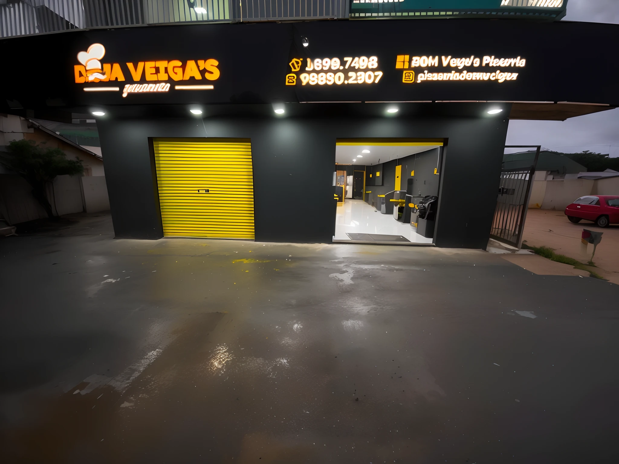 Garagem com portas amarelas e uma porta amarela, fotografia comercial, esquema preto e amarelo, yellow lighting from right, tomada em 2 0 2 0, fotografia comercial, imagem de alta qualidade, adam varga, fachada da loja, foto comercial, toldo amarelo, esquema preto e amarelo e vermelho, slight cloudy lighting, muito muito limpo, completamente novo, yellow and charcoal