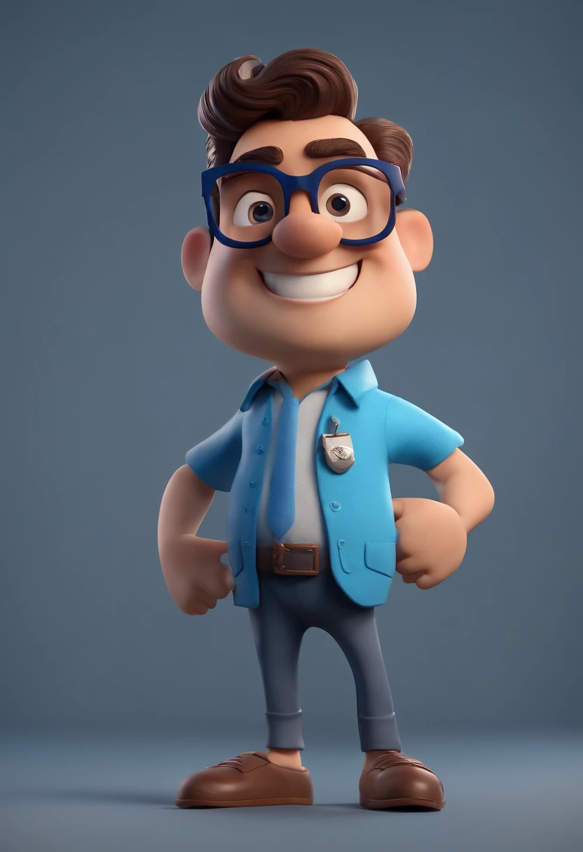 Cartoon character of a man with black glasses, cabelo cacheado marrom escuro e uma camisa azul, animation character, Caractere estilizado, animation style rendering, 3D estilizado, Arnold Maya render, 3 d render stylized, toon render keyshot, Personagem 3D, Personagem 3D, 3d rendering stylized, 3 d character render, personagem de desenho animado, Personagem de close up, Pose de personagem, (Estilo Pixar) (master part:1.2) (Bokeh) (best quality) (pele detalhada) (textura detalhada) (8k) (argila) (Cinematic lighting) (foco nítido