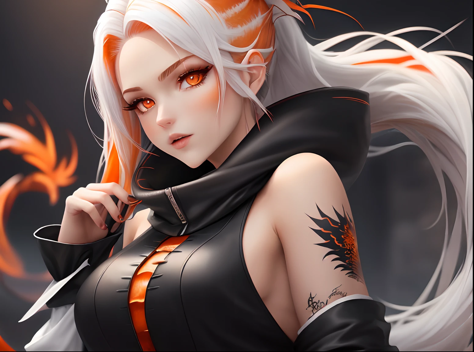 Mi-humaine mi-femme (tomboy) dragon noire (scale on the skin), long cheveux blancs avec des tresses, orange and red gradient eyes