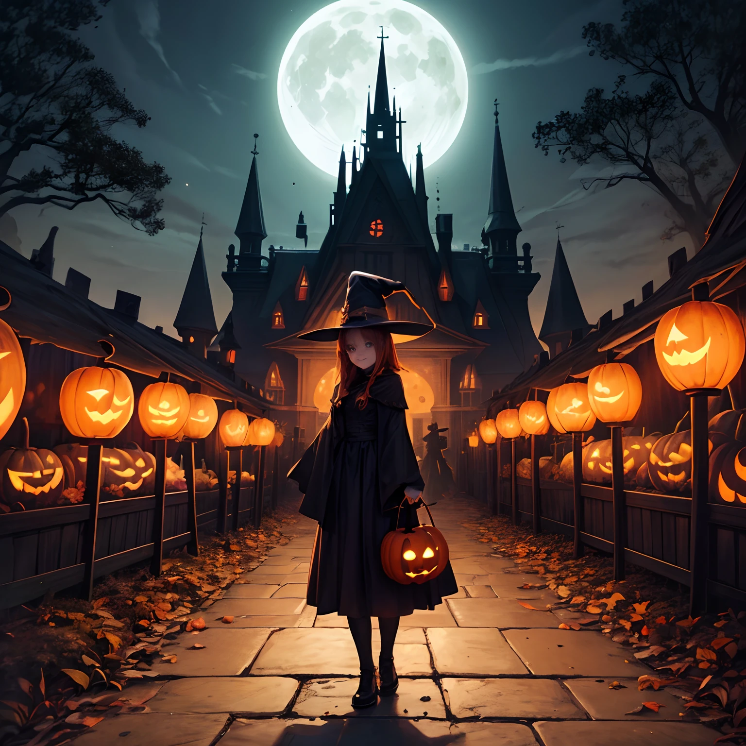 (best quality,4k,8k,highres,masterpiece:1.2),ultra-detailed,(realistic,photorealistic,photo-realistic:1.37),portraits,happy Halloween,witch,night,full moon,haunted house,costumes,pumpkins,ghosts,bats,spooky atmosphere,children trick-or-treating,laughter,joyful expressions,candy-filled baskets,crowded streets,orange and black color palette,witch's hat,creepy makeup,magic broom,witch's cauldron,glowing jack-o'-lanterns,grinning skeletons,scary shadows,moonlight casting eerie glow,howling wind,cackling laughter,fallen leaves,autumn scenery,spiders and cobwebs,witch's brew,moonlit sky,smiling faces,carved pumpkins,spooky decorations,witching hour,enchanted forest,mystical atmosphere,playful spirits,vivid colors,ominous night scenery,happy Halloween celebration.