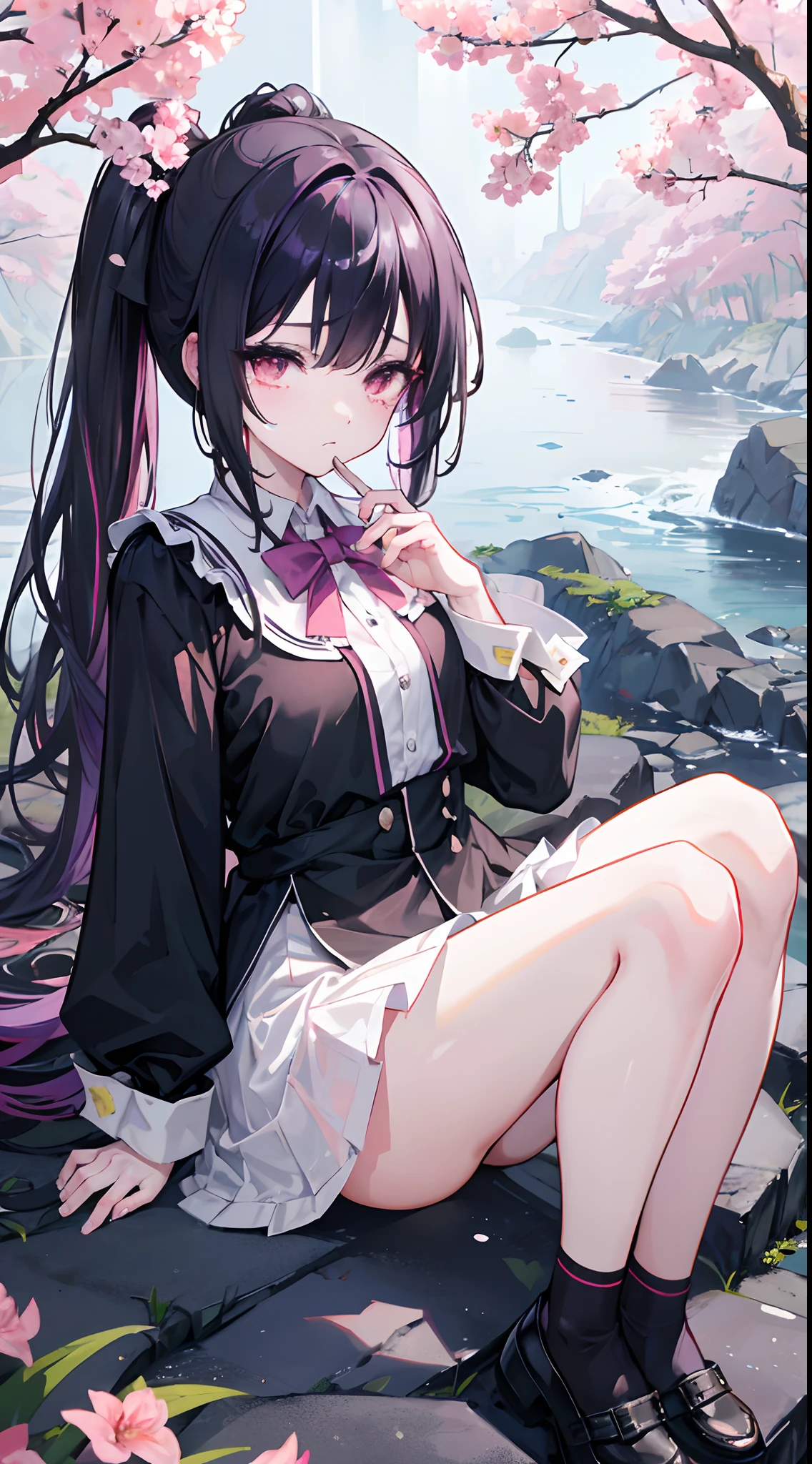 Long black gradient purple hair，black school uniform，red bow，Pale pink eyes，，The other side has a side ponytail in her hair，Flowers bloom all around，Slightly rainy，Rain gets wet，White Jade Flute，A tear、 Two money old tears、Three bitter tears、Four cups of tears of repentance、 Five-inch lovesick tears、 Six cups of illness in tears、 Seven feet away from tears，Sansheng Road，Three-born stone，Naiho Bridge，Okawa River，amaryllis，Broken intestine grass，