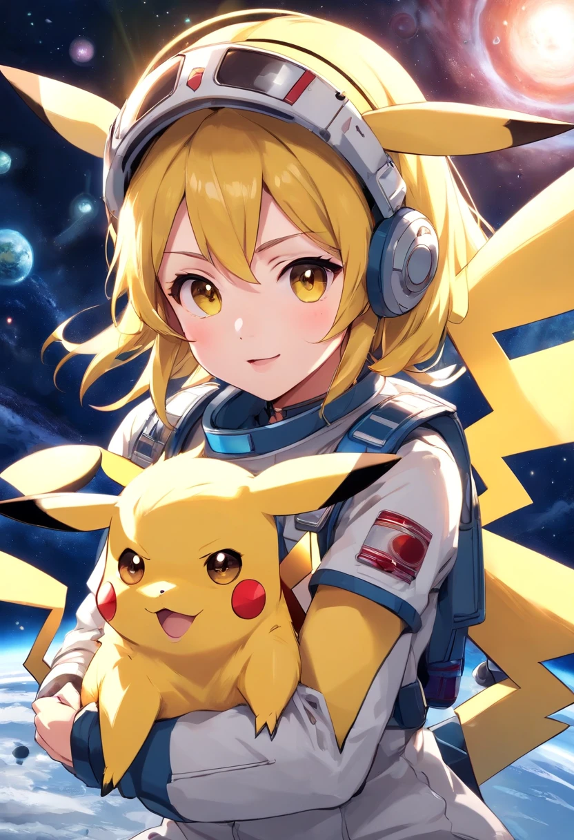 Pikachu Cute playful astronaut costume,Power and agility,Yellow and silky hair,Red Blush,Size, blink.,Cute pointed ears。(Pikachu:1.5),Sexy