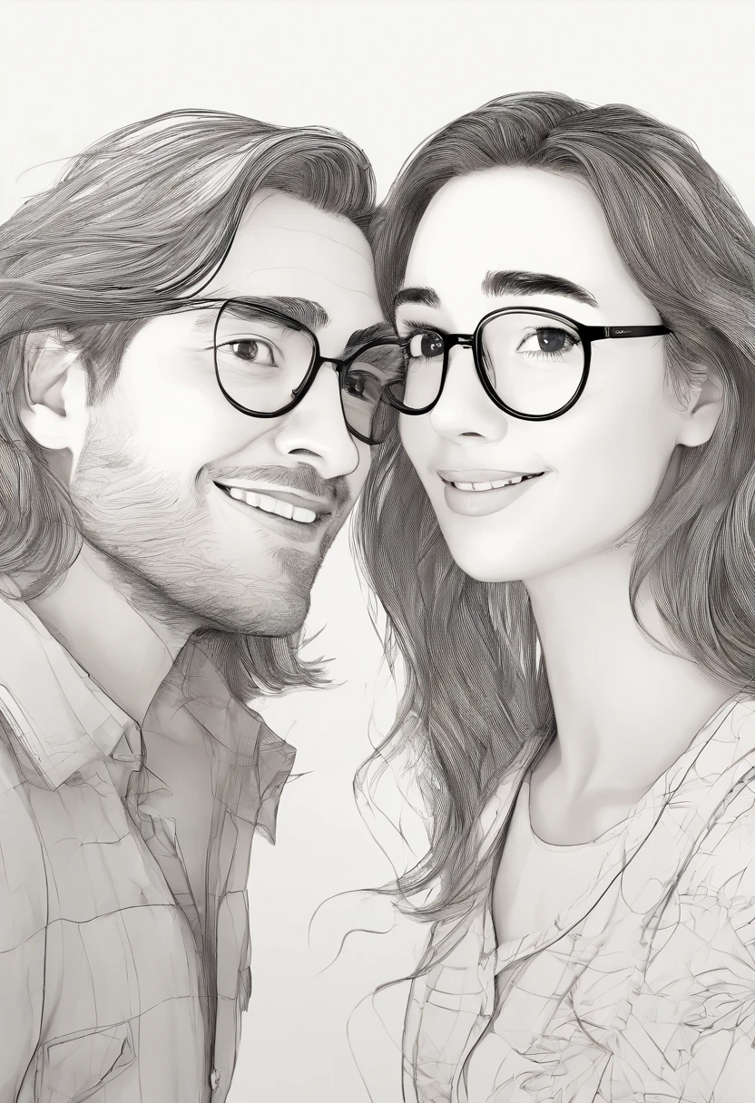 An illustration of an adorable couple, Highlight for a white woman with long black straight hair and glasses and a red-haired woman with wavy hair with beautiful expressive eyes - the skin of the two is white. They are a bright room, cada um com um sorriso no rosto, e compartilhar um momento especial caracterizado pelo amor, Insights. Illustrate this scene from a perspective where they are facing the camera, Smiling and Showing Your Connection. Desenvolva esta arte em Full HD, Focus on your cinematic touch, Estilo Disney Pixar Animations
