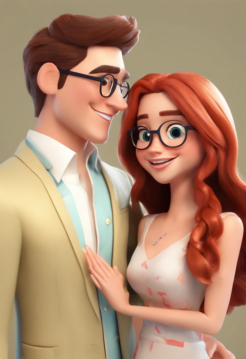 An illustration of an adorable couple, Highlight for a white woman with long black straight hair and glasses and a red-haired woman with wavy hair with beautiful expressive eyes - the skin of the two is white. They are a bright room, cada um com um sorriso no rosto, e compartilhar um momento especial caracterizado pelo amor, Insights. Illustrate this scene from a perspective where they are facing the camera, Smiling and Showing Your Connection. Desenvolva esta arte em Full HD, Focus on your cinematic touch, Estilo Disney Pixar Animations