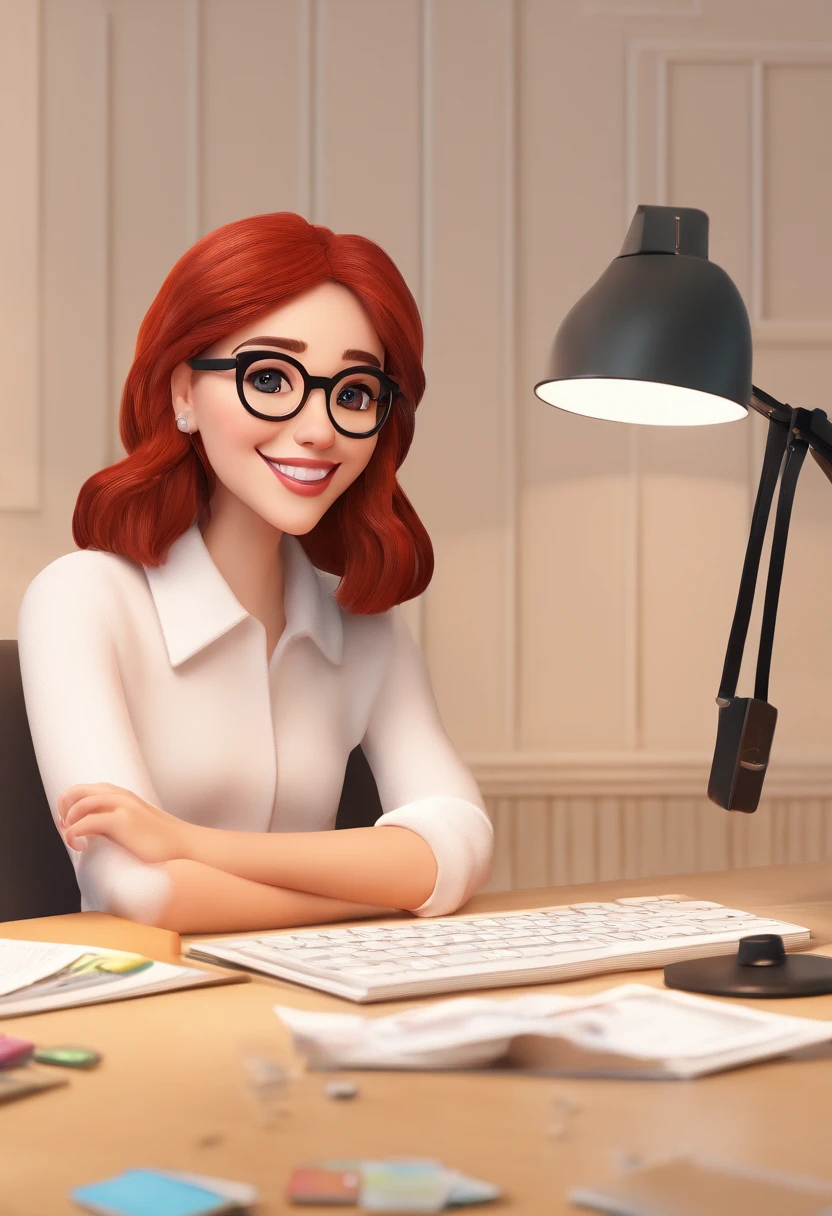 An illustration of an adorable couple, Highlight for a white woman with long black straight hair and glasses and a red-haired woman with wavy hair with beautiful expressive eyes - the skin of the two is white. They are a bright room, cada um com um sorriso no rosto, e compartilhar um momento especial caracterizado pelo amor, Insights. Illustrate this scene from a perspective where they are facing the camera, Smiling and Showing Your Connection. Desenvolva esta arte em Full HD, Focus on your cinematic touch, Estilo Disney Pixar Animations