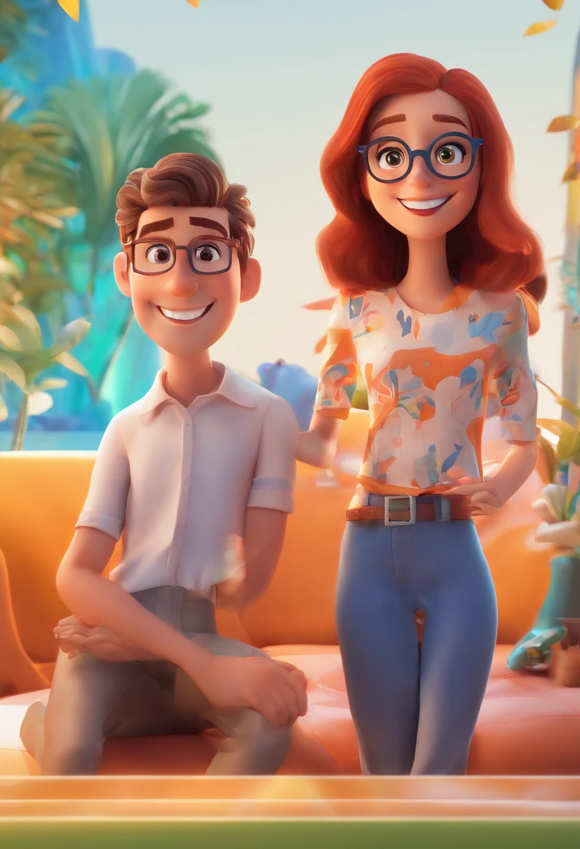 An illustration of an adorable couple, Highlight for a white woman with long black straight hair and glasses and a red-haired woman with wavy hair with beautiful expressive eyes - the skin of the two is white. They are a bright room, cada um com um sorriso no rosto, e compartilhar um momento especial caracterizado pelo amor, Insights. Illustrate this scene from a perspective where they are facing the camera, Smiling and Showing Your Connection. Desenvolva esta arte em Full HD, Focus on your cinematic touch, Estilo Disney Pixar Animations