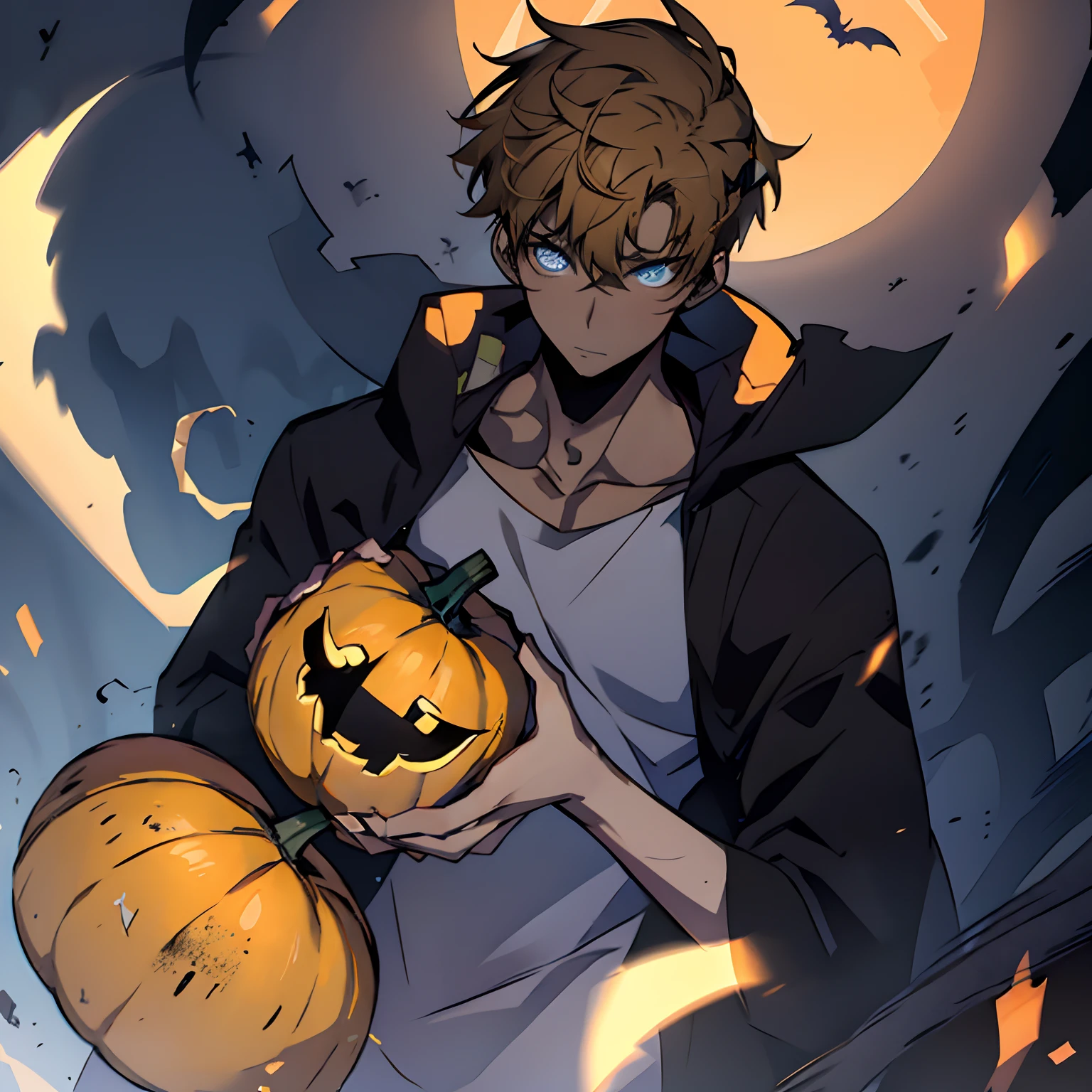 High school werewolf boy, smiling with fangs, orange glowing eyes, long tied hair, pumpkin spirit, magic werewolf and warlock hybrid, midnight blue