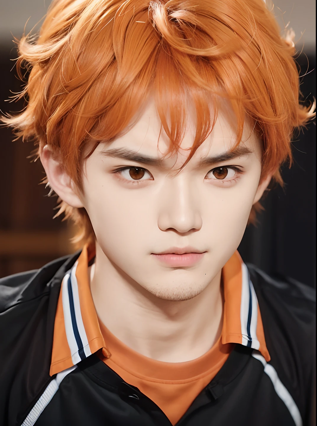 A boy with realistic orange hair, realistic brown eyes, realistic Korean handsome face, realistic annoyed expression,Adapt the exact same sports t-shirt, realistic light, realistic shadows, realistic background