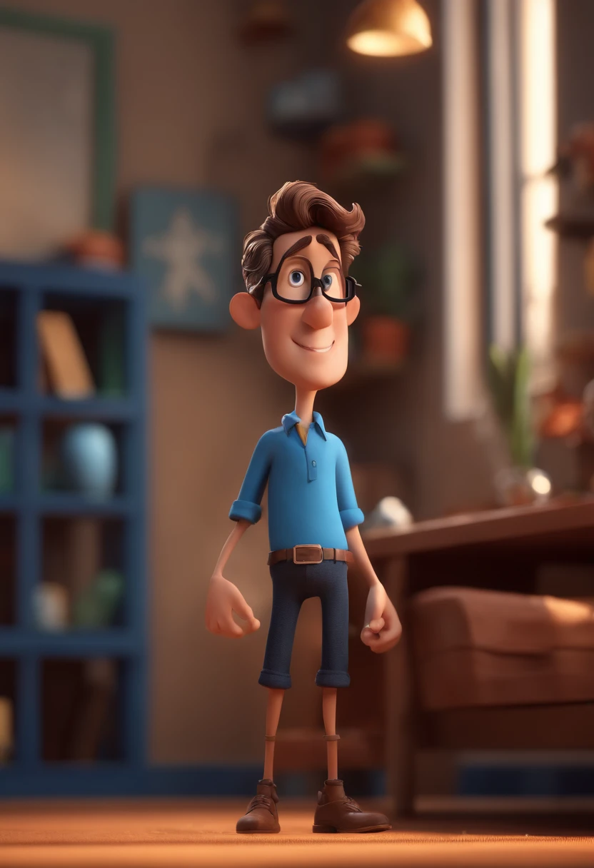 Cartoon character of a man with black glasses and a blue shirt, animation character, Caractere estilizado, animation style rendering, 3D estilizado, Arnold Maya render, 3 d render stylized, toon render keyshot, Personagem 3D, Personagem 3D, 3d rendering stylized, 3 d character render, personagem de desenho animado, Personagem de close up, Pose de personagem,  (Estilo Pixar) (master part:1.2) (Bokeh) (best quality) (pele detalhada) (textura detalhada) (8k) (argila) (Cinematic lighting) (foco nítido
