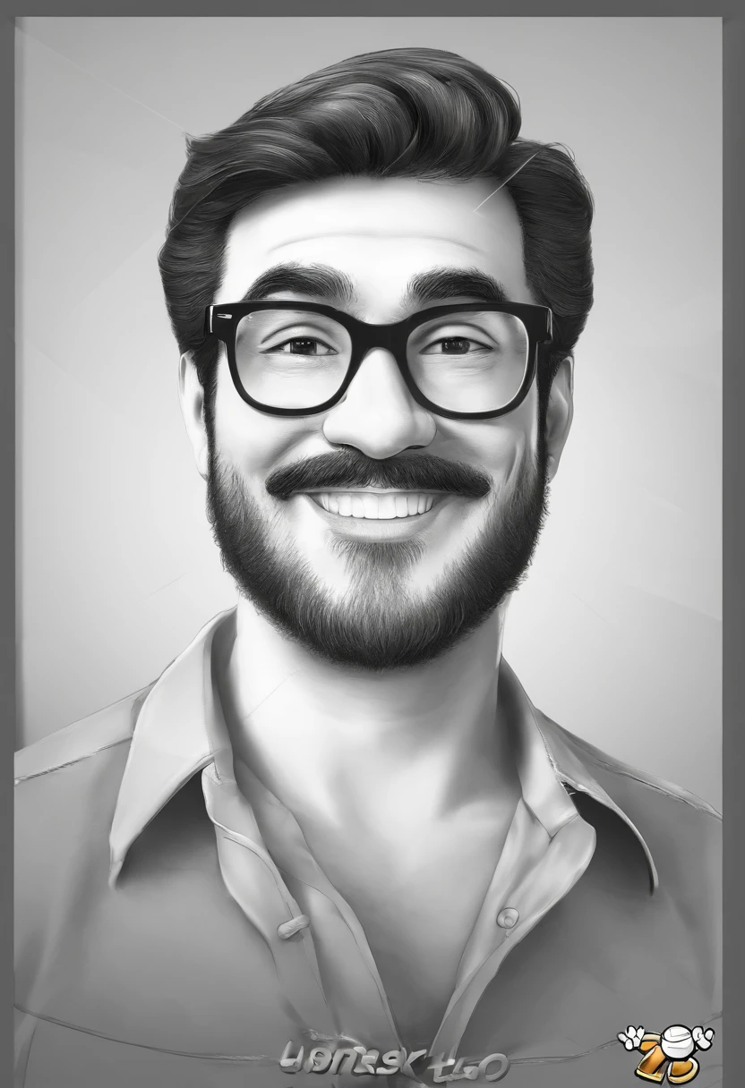 ((best quality)), ((master part)), ((desenhos animados realistas)), ((Personagem perfeito)) - Um retrato frontal meticulosamente detalhado e realista de um homem com cabelo raspado, glasses and a shirt with beautiful textures. O homem olha diretamente para o espectador, Establish a strong and confident presence. The image captures their distinctive facial features, accurately showing the brightness of your eyes and the design of your glasses. The black shirt is rendered with fine details, aumentando o profissionalismo do retrato. Enviado para documentos oficiais, this portrait is presented in impressive 8K UHD resolution, Ensure clarity and unique protection.