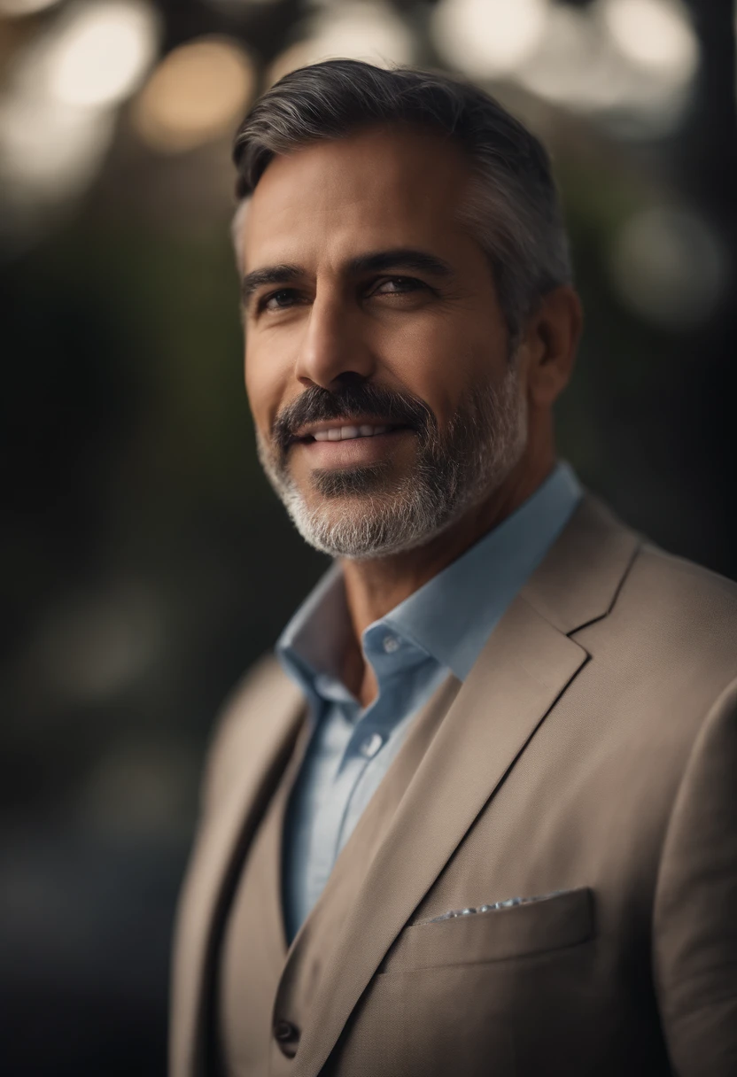 Realistic portrait of middle-aged business professional, 100 lagoas de peso, profissionalmente vestido com terno e gravata, alta qualidade, highest resolution, looking straight into the camera, Standing position, profissional, belos olhos detalhados ligeiramente acastanhados, beautiful detailed lips, barba curta, cabelos curtos grisalhos;, kind expression, sorriso quente, olhar diferenciado, Adequate lighting, fundo liso, Medium Canvas, textura ultra-detalhada,master part:1.2