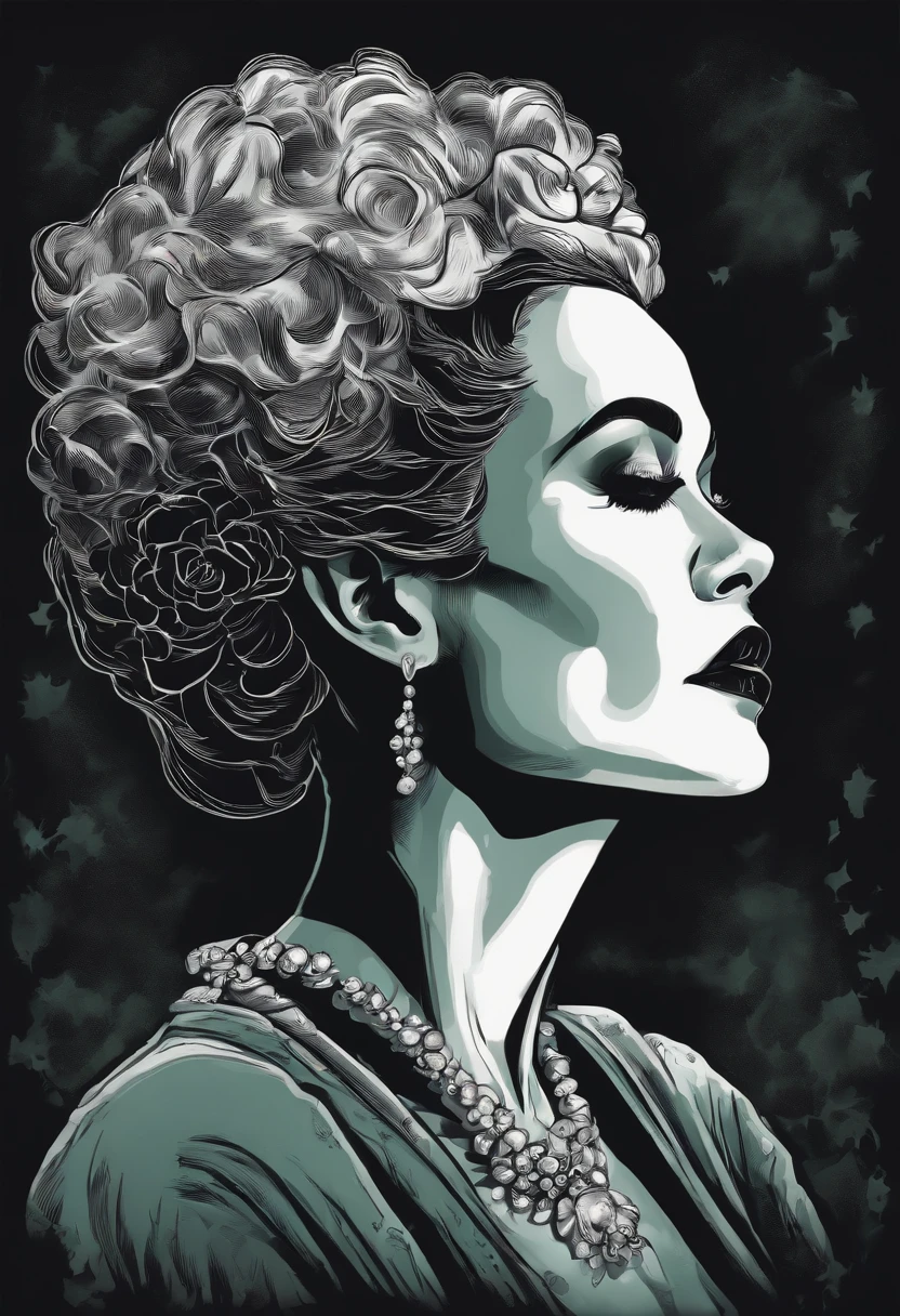 /imagine prompt: bride of frankenstein llustration for a sticker with a black background, in bold outline style, jagged edges, trashcore, light shading --v 5.2