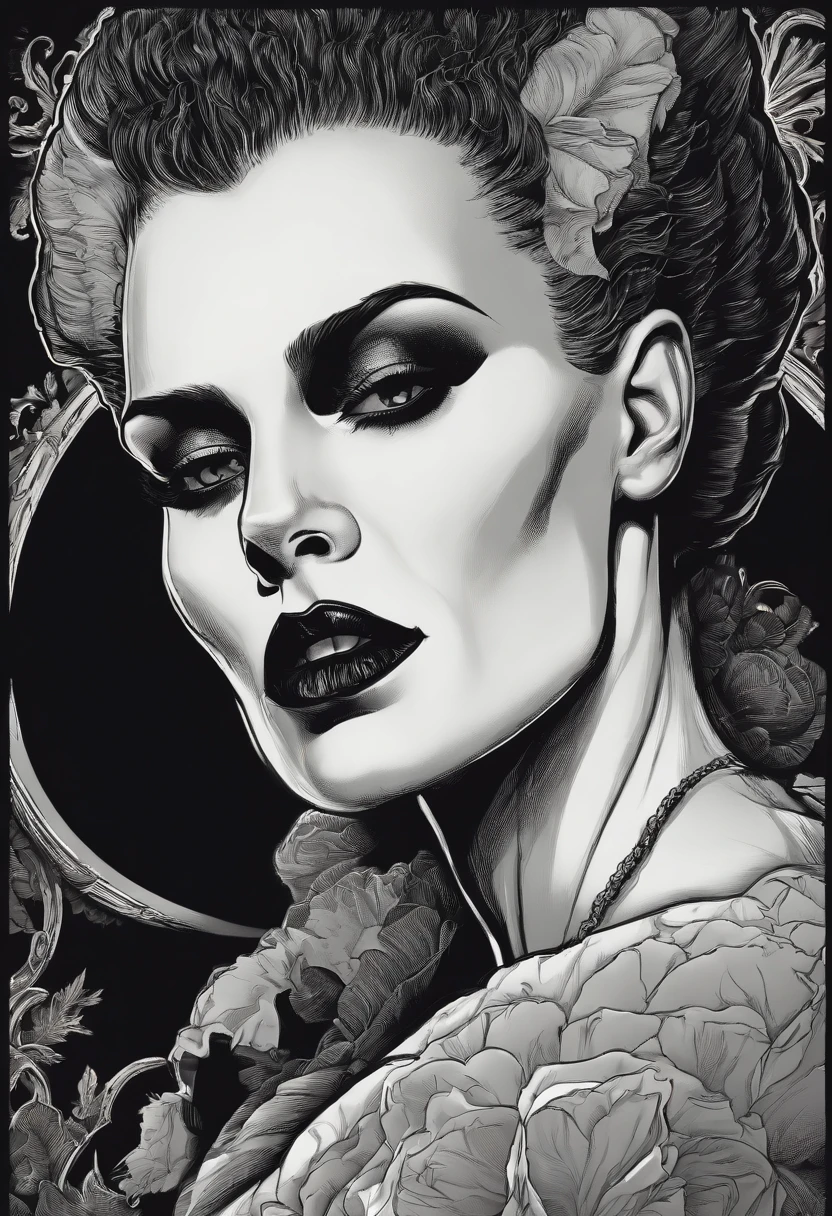 /imagine prompt: bride of frankenstein llustration for a sticker with a black background, in bold outline style, jagged edges, trashcore, light shading --v 5.2