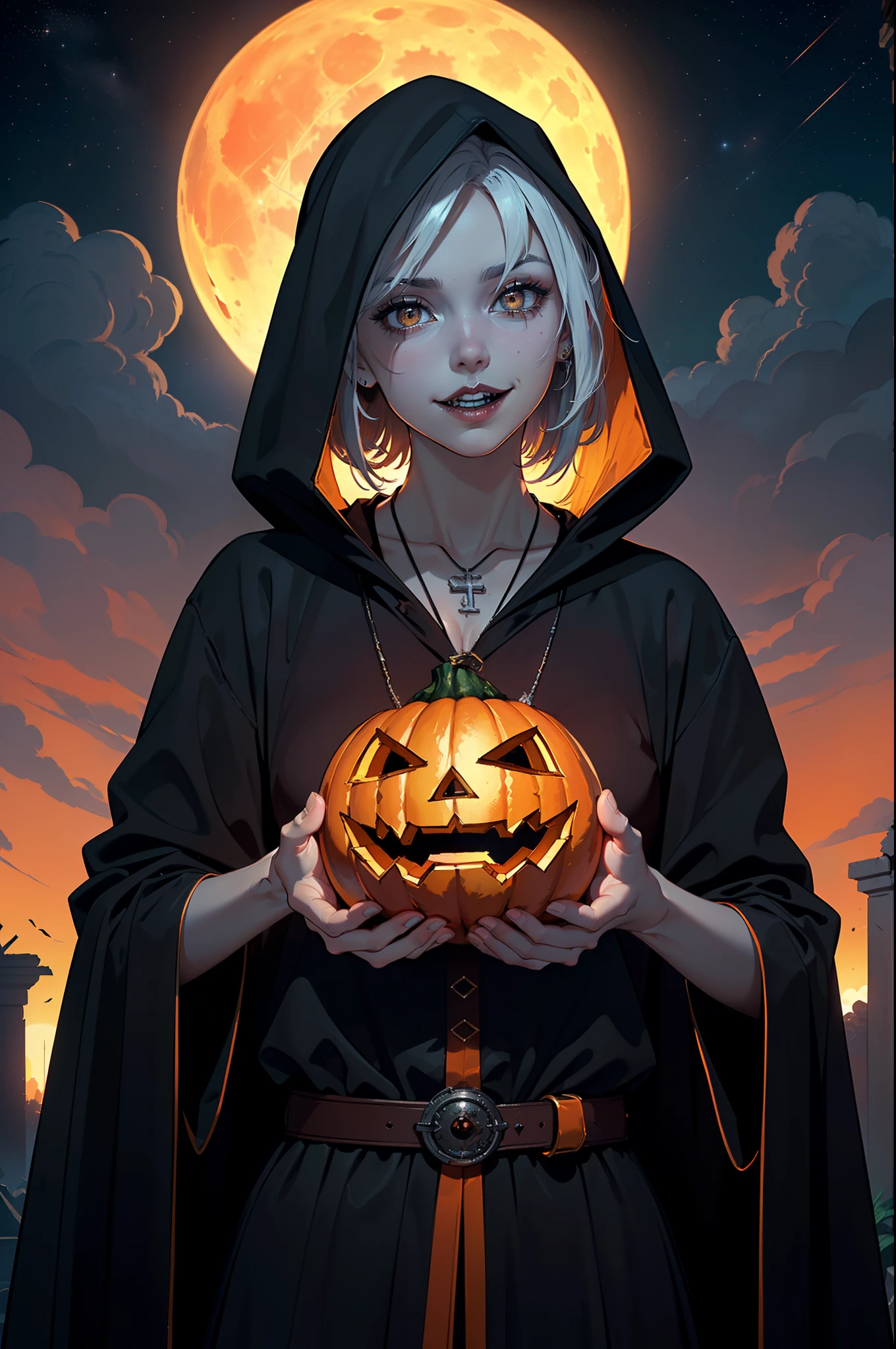 (Numerous masterpieces, Award-winning, with incredible detail, Textures and maximum detail), (hyper realistic:1.4), (Realistic:1.3), (Draw the whole body:1.7), (Jack-o'-lantern face: 1.9), (The head is made of pumpkin, (High Quality Realistic Textured Pumpkin), (eyes, Carved in a pumpkin, glows red and scary), (Jack-o'-lantern's terrible face: 1.4), (Aesthetic and decadent image:1.7), ((The Medieval World)), (Pumpkin King with Jack-o'-lantern face: 1.9), (Pumpkin King for Halloween), (scary look), (Nasty smile on his face, But the eyes don't smile:1.3), (In one hand he holds an old lantern: 1.5), (There are a lot of little Jack-o'-lanterns around, emits a faint glow: 0.8), (There are many mysteriously glowing will-o'-the-wisps around: 1.8), (He wears a dark black robe with intricate patterns:1.4), (eyes, which glow red in the dark), (Dramatic light), Pumpkin Field, (A majestic sight), (A magic circle of sinister brilliance:1.6), Intimidating Face, What Scares Others, (Over her shoulders is a tattered black cloak with a modest, but rich in embroidery:1.3), (whole body picture:1.7), Sharp Long Claws, (It is followed by the Skeleton Reaper: 1.4), (((Dramatic photo))), (twilight), (Sunset), (It's dark night), ((Dramatic pose)), (Bright photo), (Stars are shining in the sky, and Full Moon:1.4), ((Looking Up)), ((Looking down)), (Draw the whole body:1.7), (Around her neck is a simple necklace of exquisite workmanship), The Forgotten Tomb, The Great Tomb, Ruins of Evil, Sacrificial Temple, mysteriously, Ruins of an ancient castle, Ruins of an abandoned cemetery, A ruined ancient tomb, Still water: Ancient ruins, Swamp ruins, Majestic cloudy masses and the radiance of the sky, lightning bolts, Epic Realistic, Faded, Art, (teal and orange:0.4), (Art Station:1.5), Cinematic, ((neutral colors)), (HDR:1.5), (Muted colors:1.2), hyper detailed, Dramatic light, (intricate details:1.1)