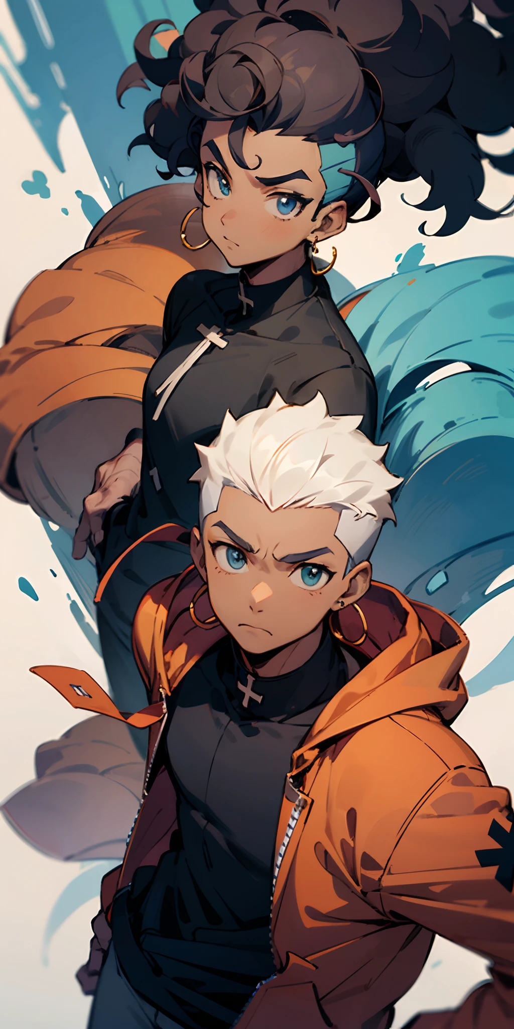 Black man, anime, curly flattop, cross earrings, hoodie