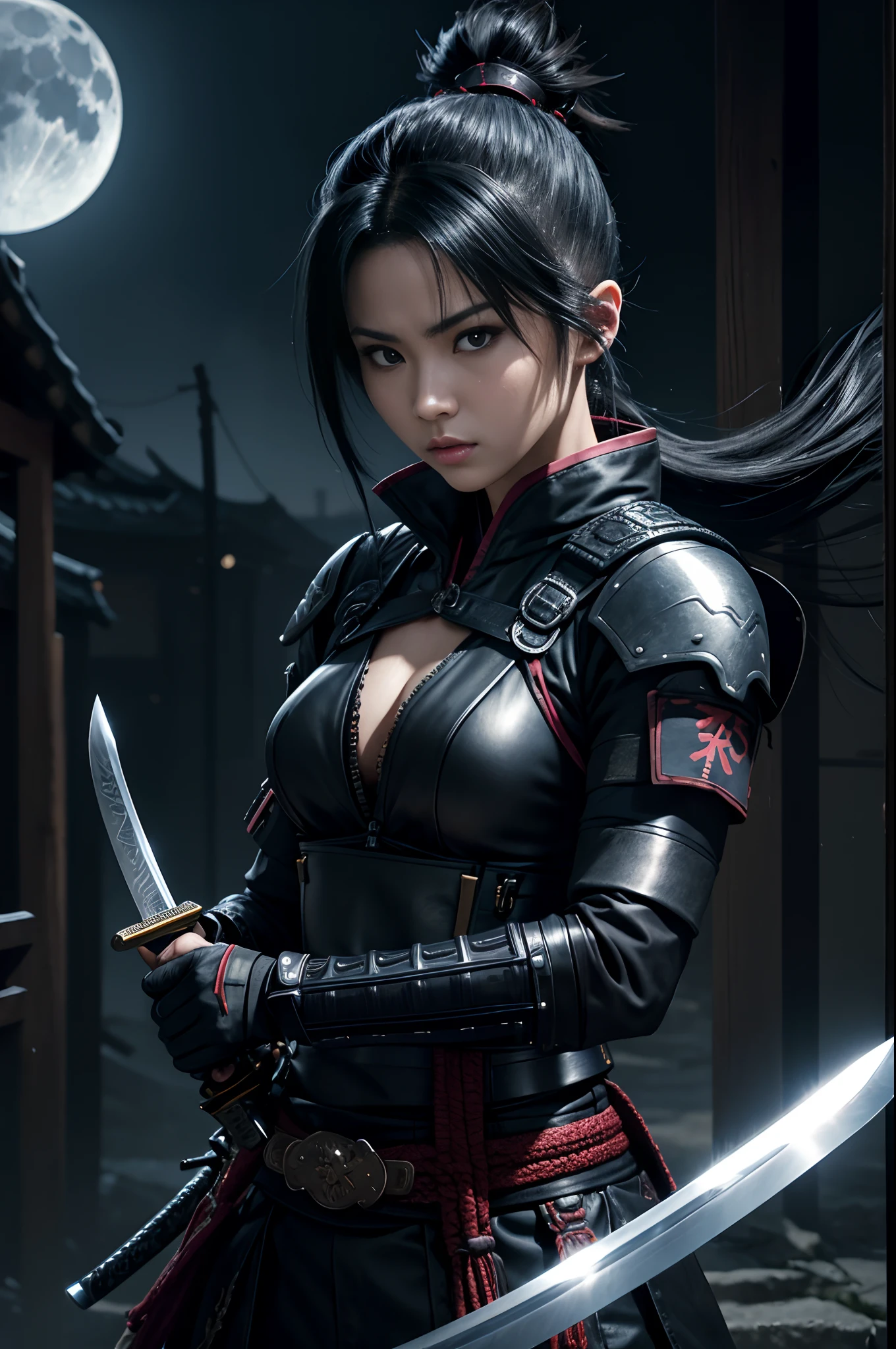 8K,Close-up portrait of a person holding a sword in front of the full moon、A very beautiful cyberpunk female ninja、Black-haired mohawk、holding a katana、holding a katana、Inspired by Yoshigai Kano、woman samurai、Knives、large sword、demon samurai、from arknights、Ghost Beast Waiter、She with a sword、kunoichi、Dramatic Katana Wielding Pose、(tiny chest:1.4)