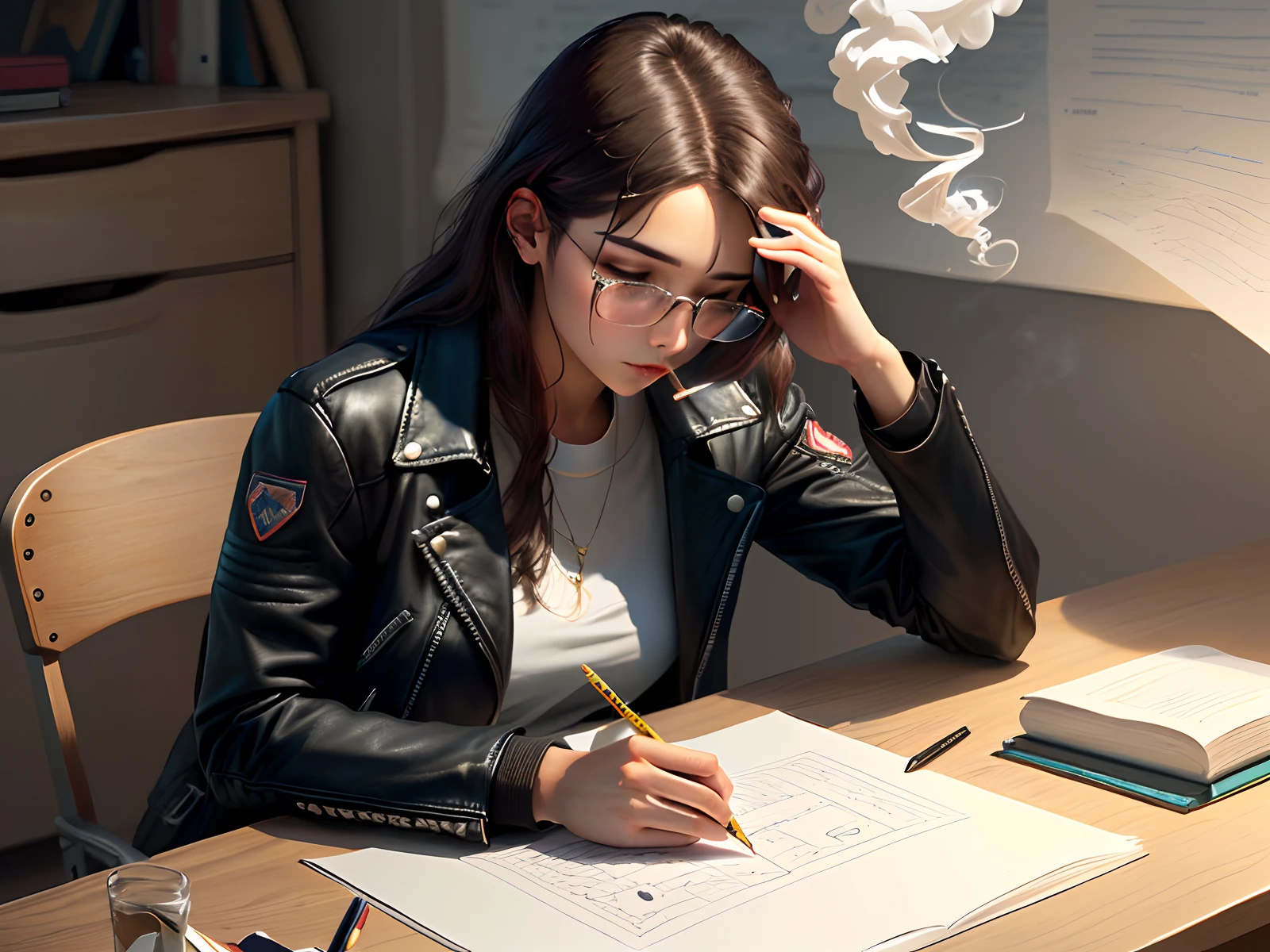 A half-smoked Mobius cigarette and a leather jacket placed haphazardly on the desk with pencil drawing