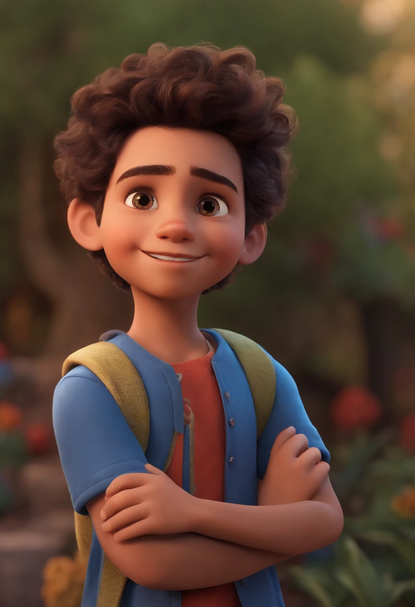 Image of a boy for a story in a YouTube video in Pixar format, He's the little allabester, He's the class leader, He's outgoing, Playful and gets up for a lot of things, cabelo curto