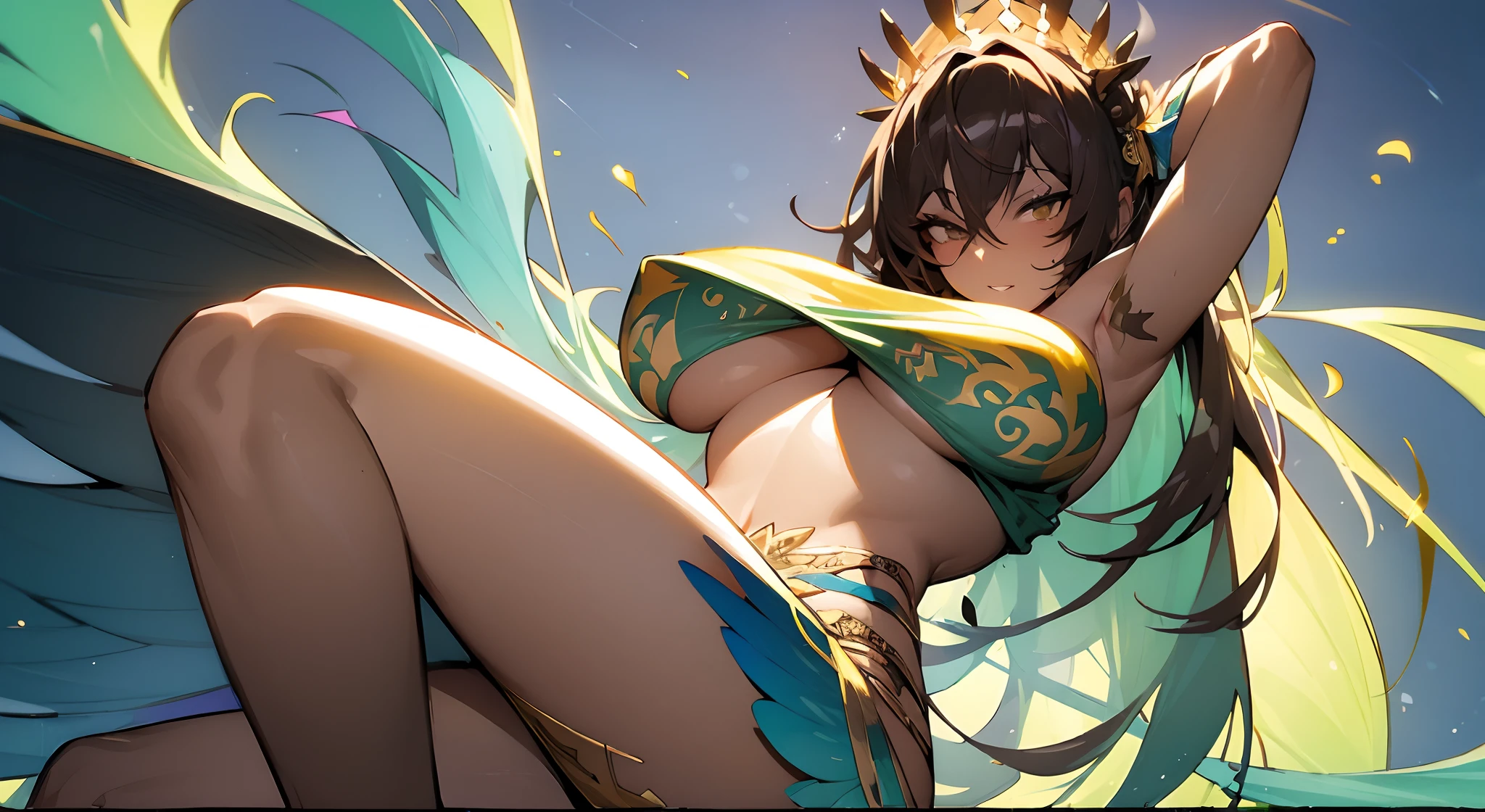 (dark brown skin:1.6), (color full dress:1.2), Wild Xavante India, extreme tanned skin, extreme long black straight hair messes over naked boobs, huge macaw blue parrot feather headdress, big cheeks, long legs, curvy, indigenous yellow and green breast painting, breast painted blue and yellow, indigenous yellow and green facial painting, huge macaw blue parrot feather necklace, honey eyes, (tatto on boobs:1.4), naked, full body image centered around the buxom young miller's exceptionally attractive with big breast and reavling exposed cleavage with wide hips and narrow waist and exuding an alluring and voluptuous physique that radiates warmth and sensuality, gisele bundchen, cheerfull and happy expression on her face, hyper-realistic photography portrait with rainbow vivid skimpy clothes,(breast tattoo:1.2), delicahyper realistic photography portrait with rainbow colorful vivid skimpy clothes, gal gadot (very sexy:1.2) ,beautiful lips,detailed large eyes, Her eyes are a striking and inviting feature, realistic body details scar and fracture, extreme abnormally huge boobs, erotic fantasy, The image evokes feelings of sensuous eroticism, te and tranquil flower princess with soft hair dancing in the wind and intricately braided. Her sweet face has puffy, kissable lips and stunning, highly realistic eyes, hires eyes, 8k eyes, beautiful detail eyes, realistically shaded eyes, and realistic eyes in vibrant colors. She is wearing delicately detailed colourful fabric of gossamer silk and satin, midst of the most beautiful meadow in the world and is surrounded by beautiful flowers of varying sizes and colors, with delicate flowers dancing in the wind and creating a dynamic and compelling image