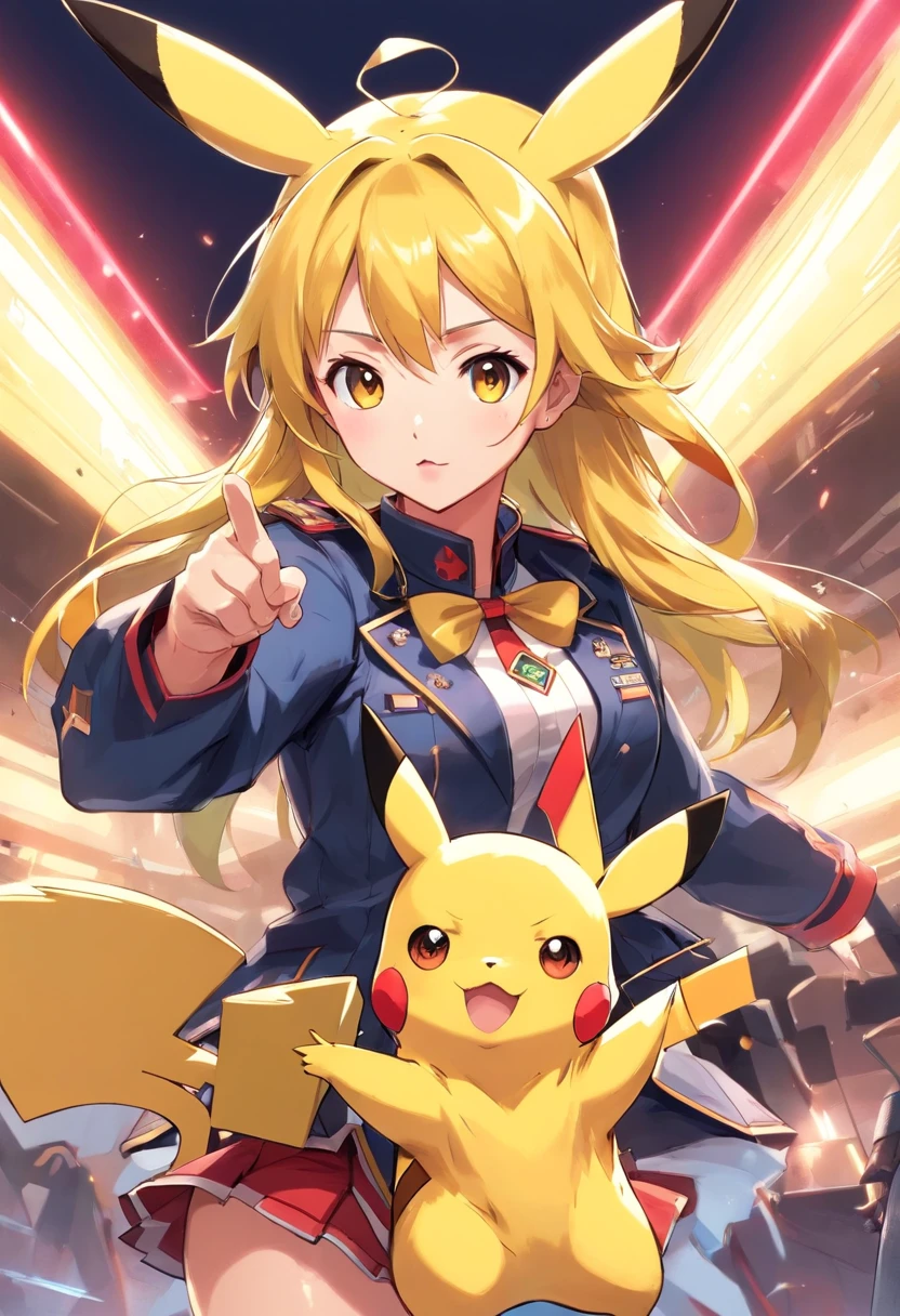 Pikachu Cute playful military costume,Power and agility,Yellow and silky hair,Red Blush,Size, blink.,Cute pointed ears。(Pikachu:1.5),Sexy
