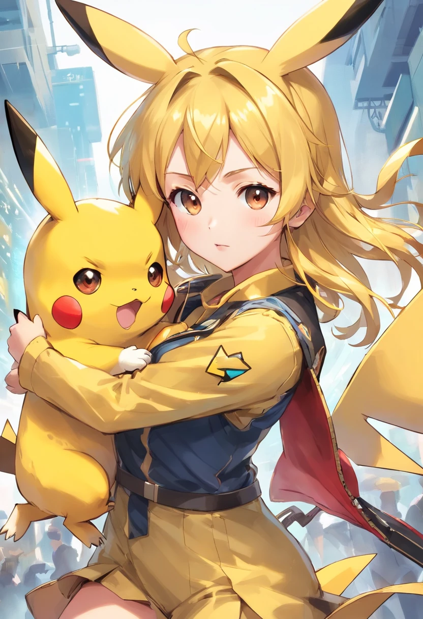Pikachu Cute playful military costume,Power and agility,Yellow and silky hair,Red Blush,Size, blink.,Cute pointed ears。(Pikachu:1.5),Sexy