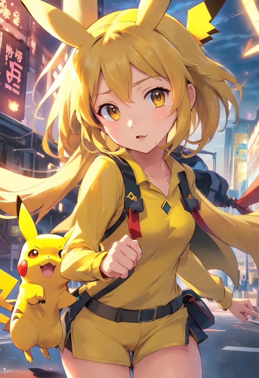 Pikachu Cute playful military costume，Power and agility，Yellow and silky hair，Red Blush，Size, blink.，Cute pointed ears。(Pikachu:1.5),Sexy