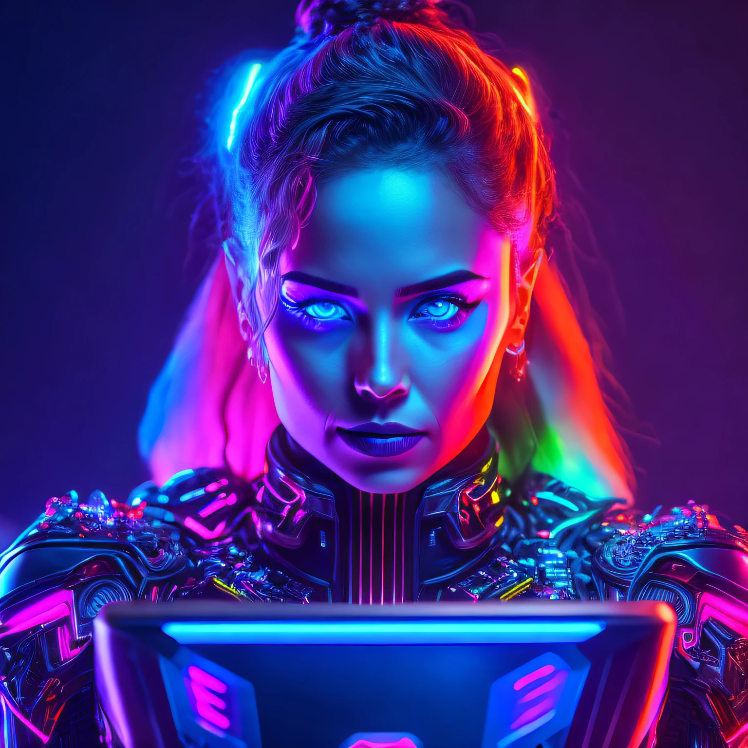 Mulher cyborg usando computador virado para a frente, Badass, fundo neon azul e roxo, Epic lighting, Photography Lighting, reflection mapping, Ultra Detalhado, fotorrealista, cinemactic, movie quality rendering, vfx post production, rtx ray tracing lighting, atmosfera mal-humorada, sombra