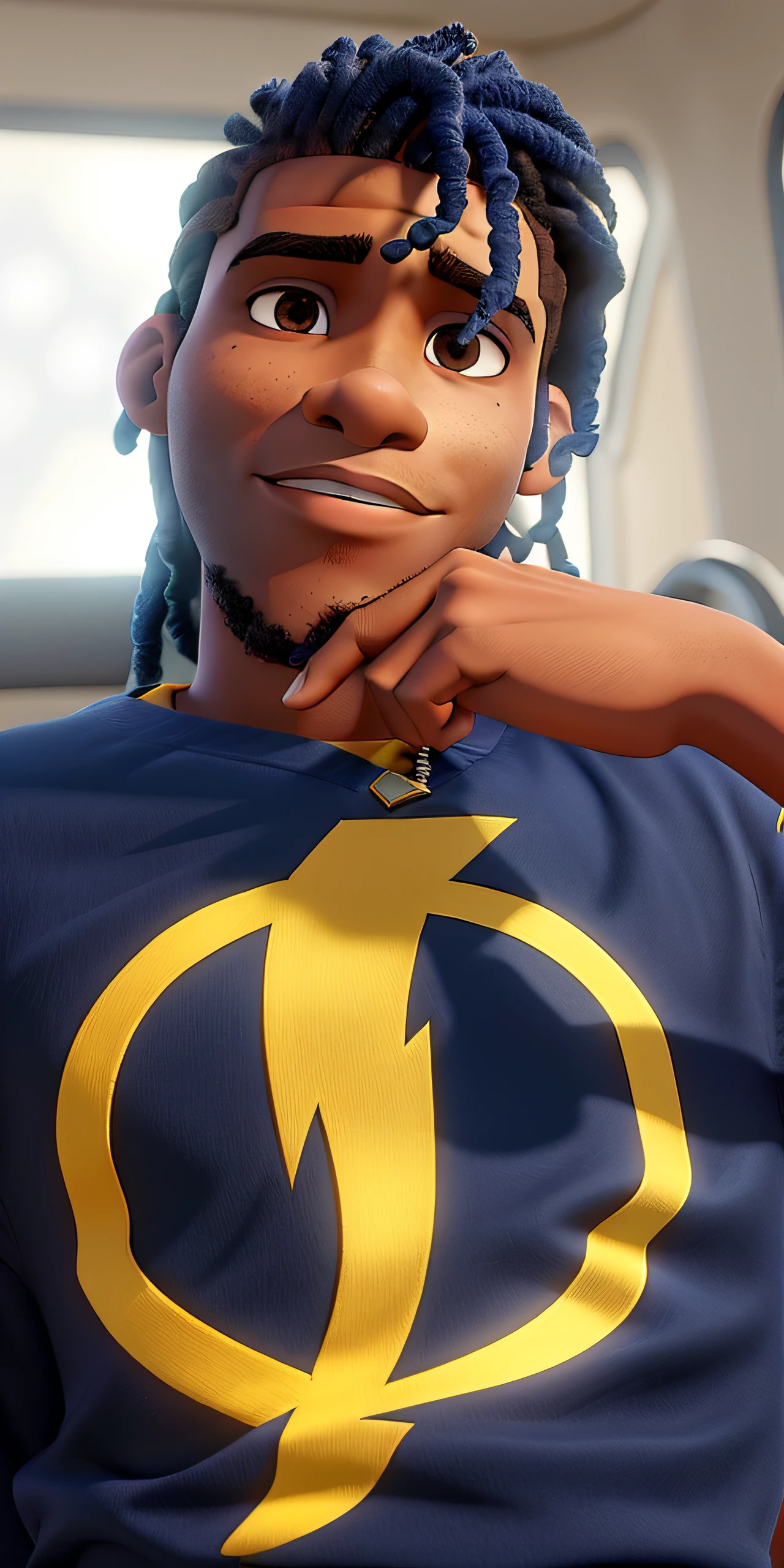 um homem jovem de 26 anos com cabelos de dreadlocks curto, jovem de origem africana, blusa preta com raio amarelo, Static Shock, estilo disney pixar, alta qualidade, melhor qualidade