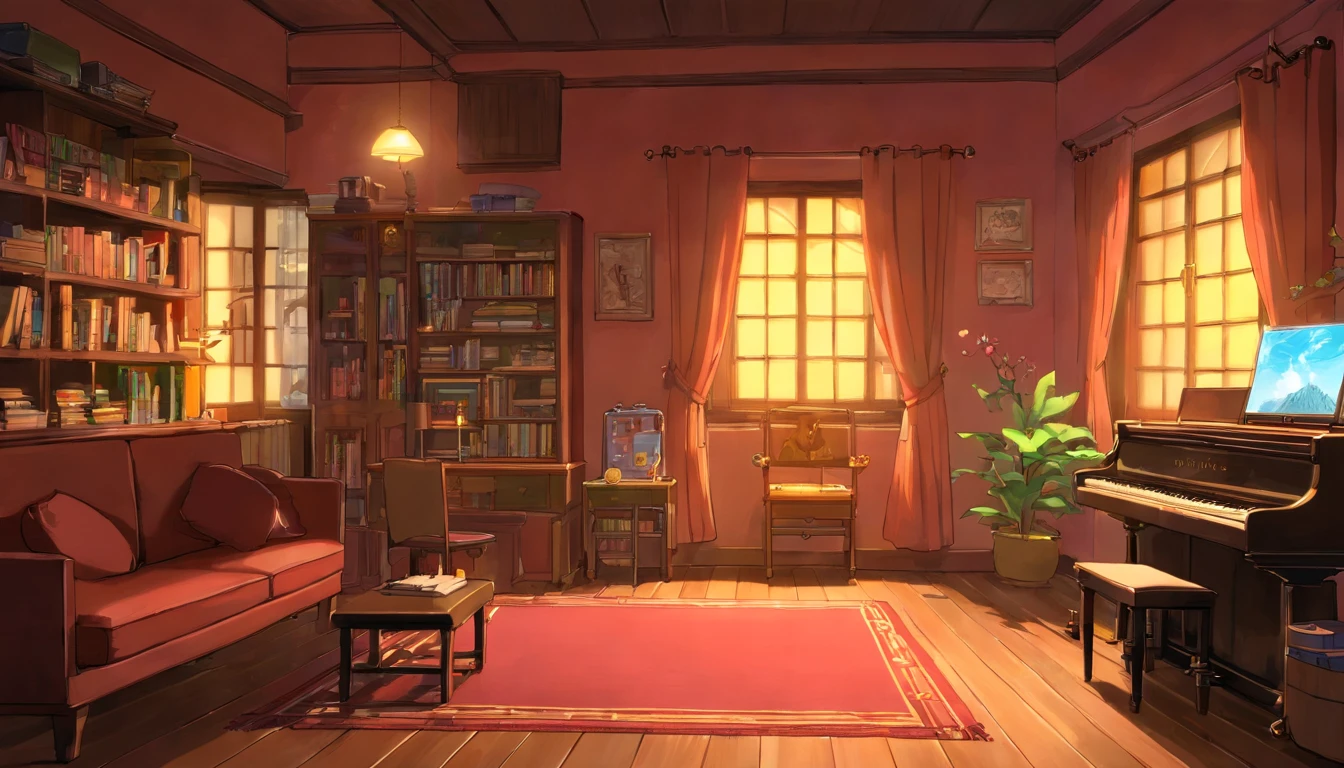 Music study room,dim room, Noche, ordenador, teclado, auricular, Monitorizar el altavoz, Pianos,guitarra , Small Lights, fondo, sofa,, lluvia, cielo nocturno, Ciudad Nocturna, absurdos, A high resolution, ultrasharp, 8k, Obra maestra