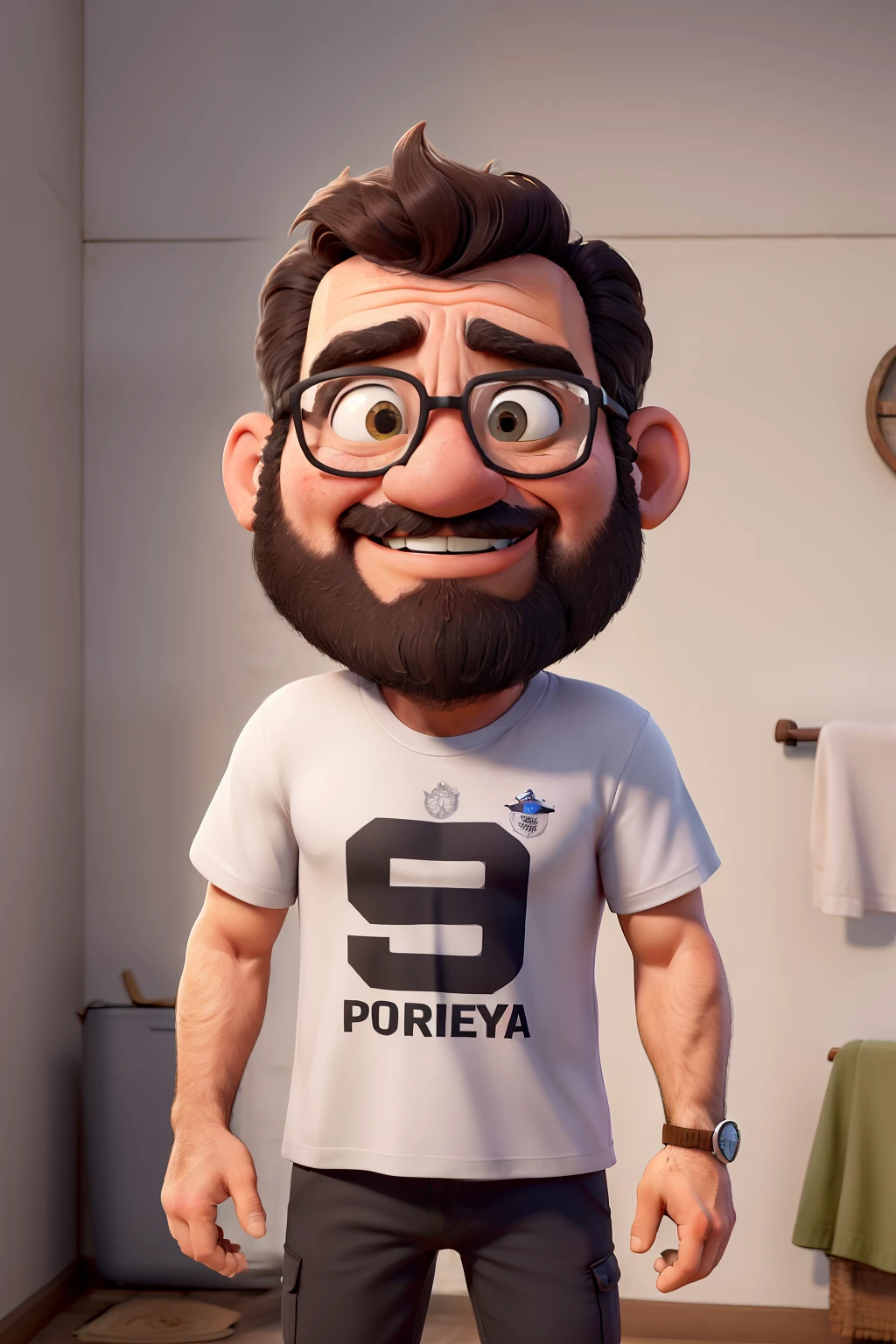 Obra-prima, de melhor qualidade, uma jovem de 50 anos de barba, vestindo uma camiseta preta escrito one, tocando contrabaixo cor vermelha