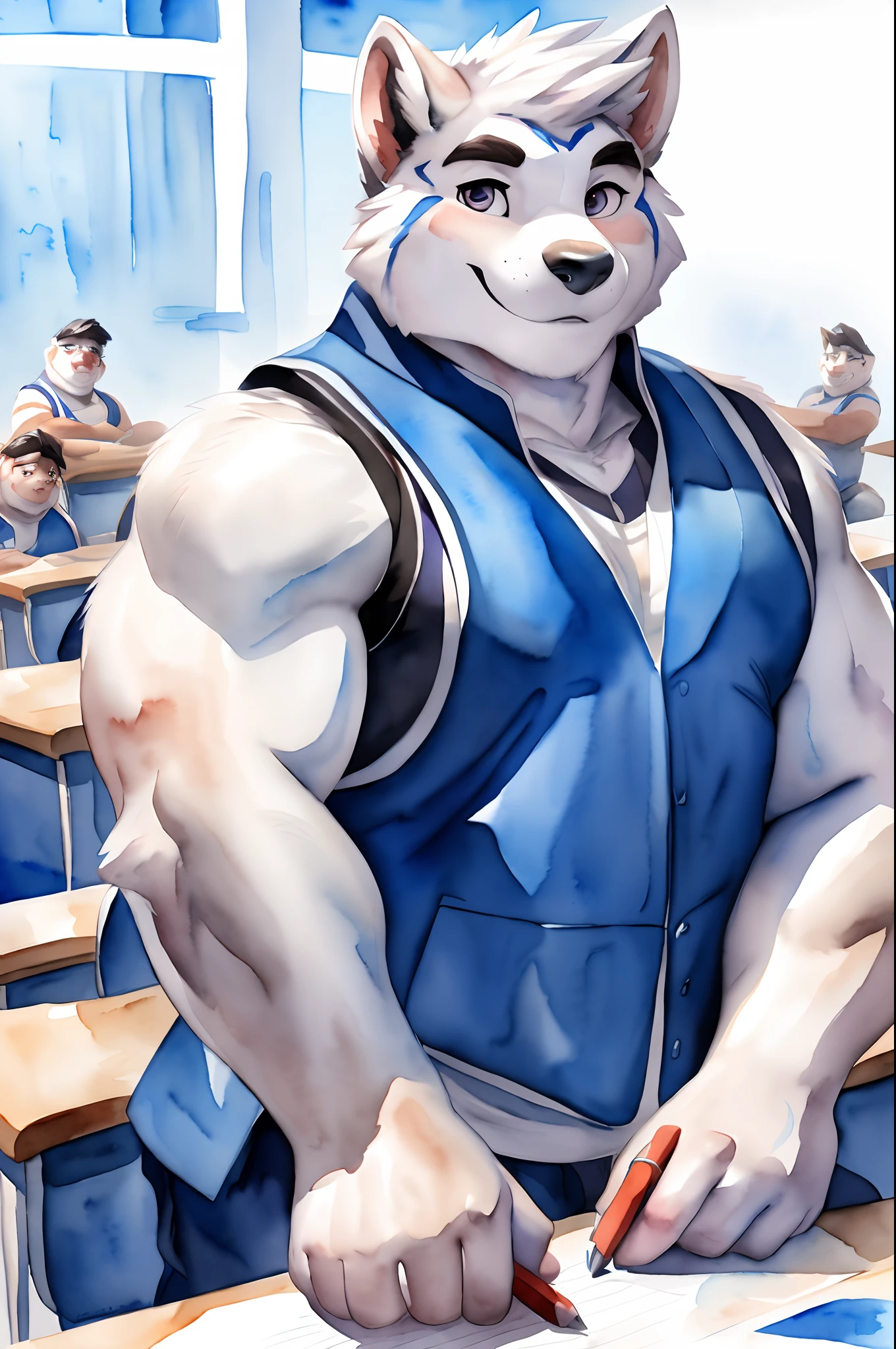 Hominidae, Pose for Camera. 4K, high resolution, Best quality, posted on e621, (Solo:1.2), Anthropomorphic white wolf, male people,  old, Thick eyebrows, Light blue fur, Strong body, large pecs, ((Blue sports vest)), Expose the chest, In class, holding a pen, Sit behind a desk, (sport, Muscular, Heavyweight:1.2), ((Alone in the classroom)), Correct anatomy, (White background, Watercolor background:1.1), (by Chunie, author：Taran Fidler:0.8), (Detailed eyes:1.2), Sexy, (cel-shaded:1.2), cartoon shading, (aquarelle:1.2), Smile, Be red in the face, (view the viewer:1.2), Shy eyes, Front view