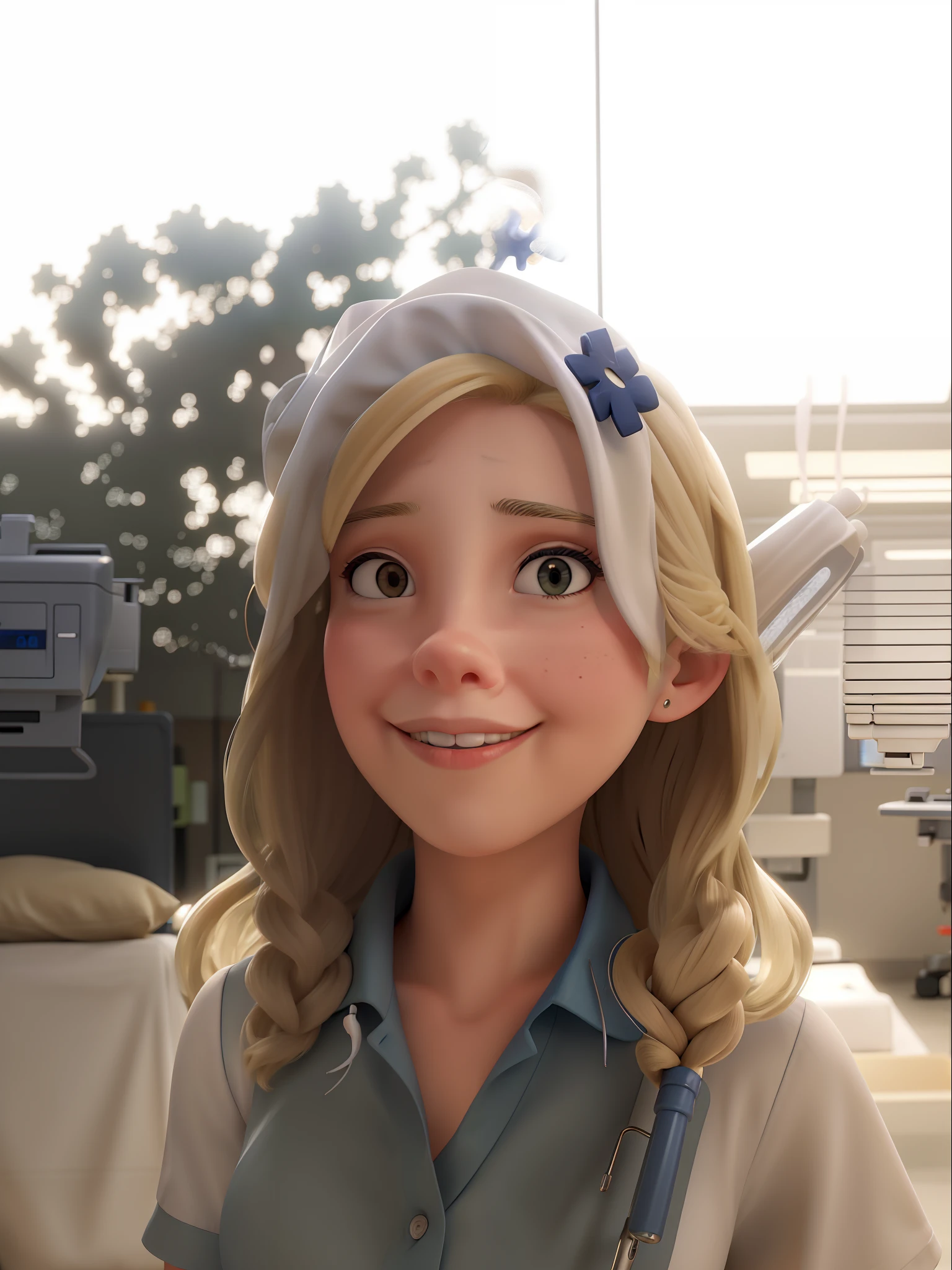 masterpiece, best quality, blonde Female nurse with a surgical mask putting on gloves at hospital, white nurse outfit