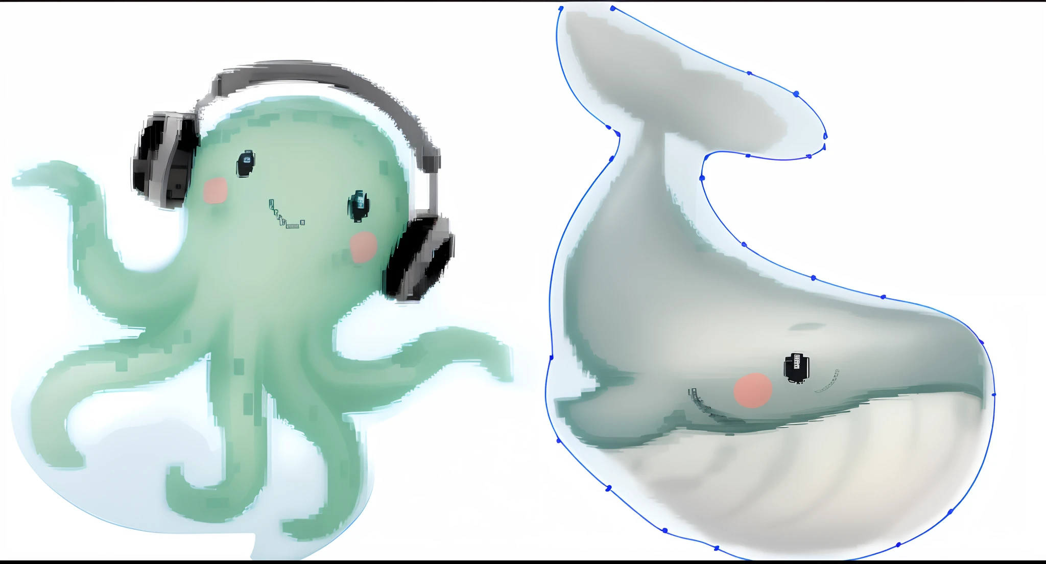 There are two pictures of a whale and a whale with headphones on, subreddit / r / baleia, com uma tatuagem de lula, tentacle motifs, removed watermarks, motivos de lulas, Squid-like aliens, slime and tentacles, desenhado com photoshop, tentacles surrounding, lulas, Baleias, with a squid tattoo on his arms, Teths and tentacles