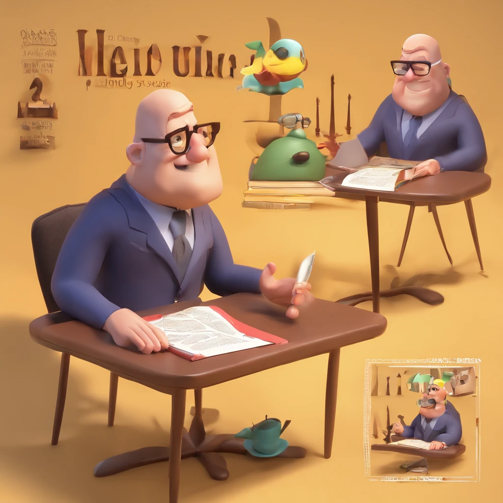 Crie um cartaz inspirado na Disney Pixar com o personagem sendo o pastor Melquisedeque, A bald-haired man wearing glasses, in an office with a Bible on the table