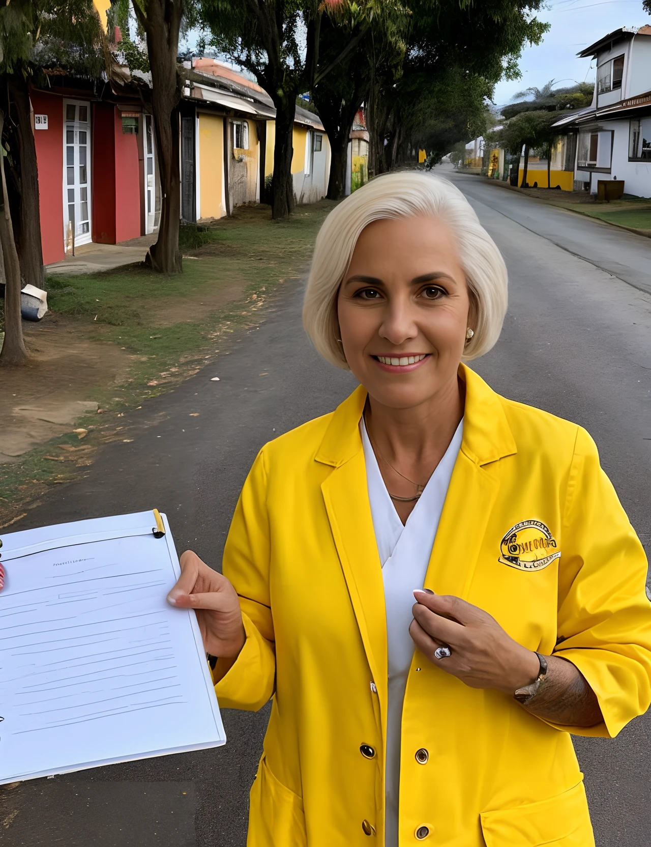 Mulher, 30 anos, loira de cabelos soltos, meio gordinha, With a clipboard in his hand and a yellow lab coat written Community Health Agent and in the background a street with houses