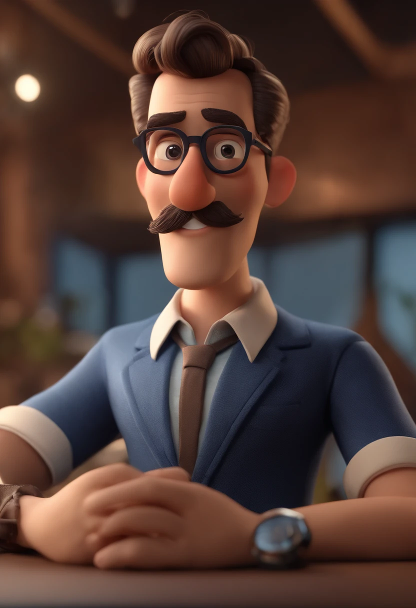 Cartoon character of a man with black glasses, pequeno bigode e uma camisa azul, animation character, Caractere estilizado, animation style rendering, 3D estilizado, Arnold Maya render, 3 d render stylized, toon render keyshot, Personagem 3D, Personagem 3D, 3d rendering stylized, 3 d character render, personagem de desenho animado, Personagem de close up, Pose de personagem,  (Estilo Pixar) (master part:1.2) (Bokeh) (best quality) (pele detalhada) (textura detalhada) (8k) (argila) (Cinematic lighting) (foco nítido