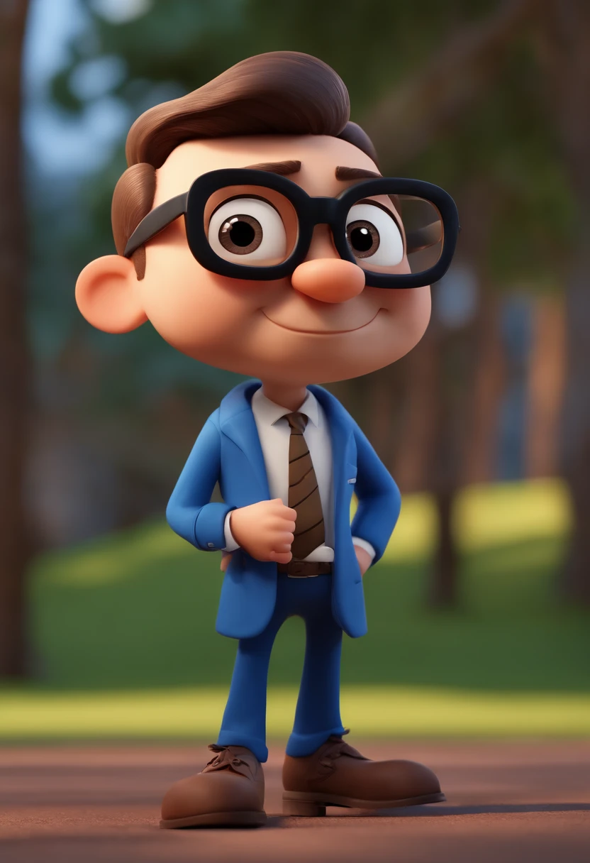 Cartoon character of a man with black glasses, pequeno bigode e uma camisa azul, animation character, Caractere estilizado, animation style rendering, 3D estilizado, Arnold Maya render, 3 d render stylized, toon render keyshot, Personagem 3D, Personagem 3D, 3d rendering stylized, 3 d character render, personagem de desenho animado, Personagem de close up, Pose de personagem,  (Estilo Pixar) (master part:1.2) (Bokeh) (best quality) (pele detalhada) (textura detalhada) (8k) (argila) (Cinematic lighting) (foco nítido