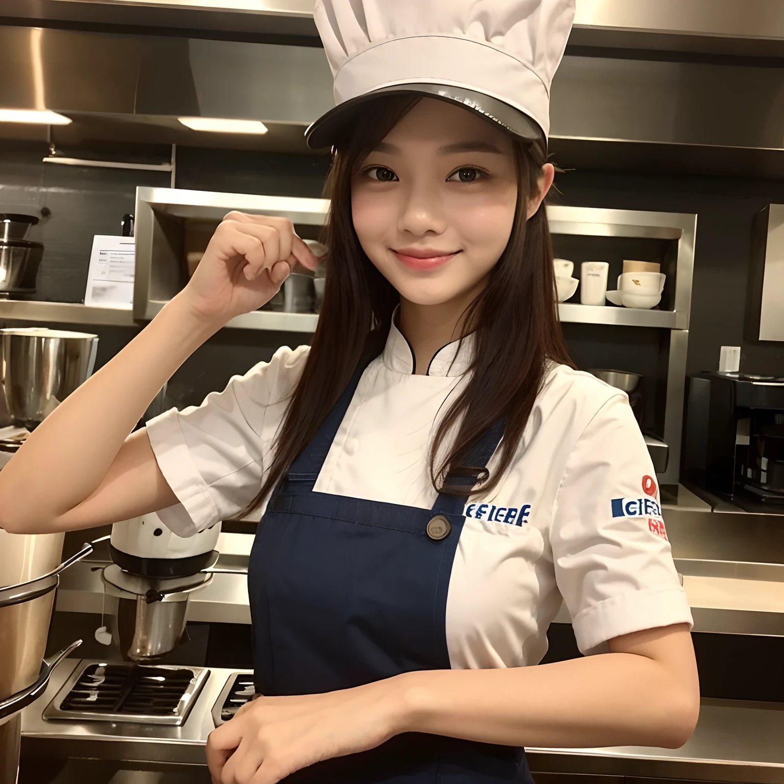 1 lady ,20 years old , lecturer, Malaysian , work at Barista, chef wear ,((( wear chef hat))), works in a coffee shop , specializes in making coffee