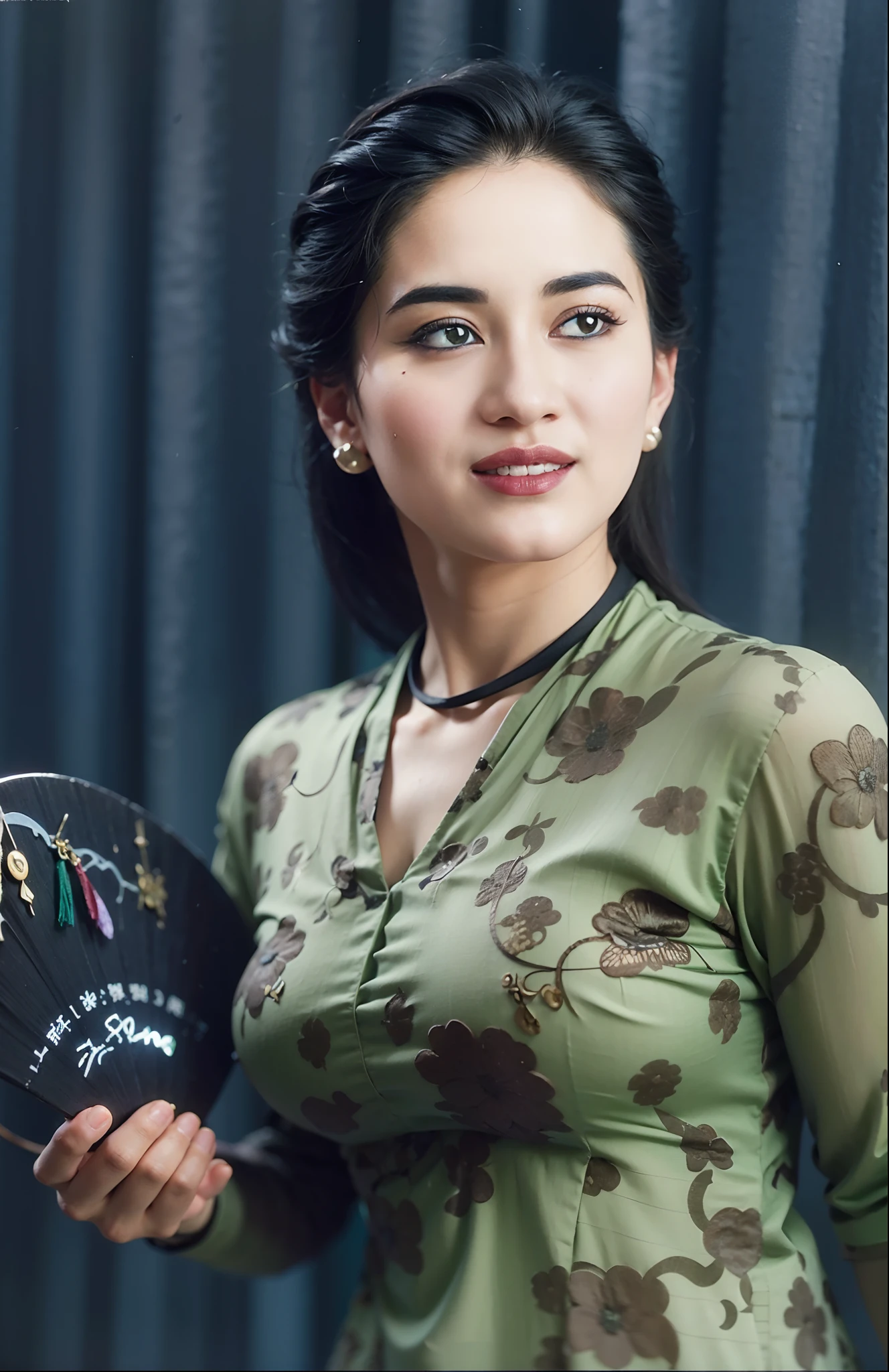 arafed woman in a green dress holding a black hat, inspired by T. K. Padmini, portrait of modern darna, inspired by Oka Yasutomo, inspired by Chen Yifei, traditional art, inspired by Yao Tingmei, inspired by Raja Ravi Varma, inspired by Sim Sa-jeong, fanart, inspired by Ju Lian, 8k portrait, detailed intricate fabric texture, (charcoal black theme:1.3), spiral patterns, body freckles, bright, high quality image, masterpiece, detailed hair texture, detailed skin texture, detailed cloth texture, 8k, add fabric details, ultra detailed skin texture, ultra detailed photo, skin pores, cloth details, high skin details, realistic hair details, (8K, RAW photo, best quality, masterpiece:1.2), (realistic, photo-realistic:1.4), ultra-detailed (grainy:0.2)