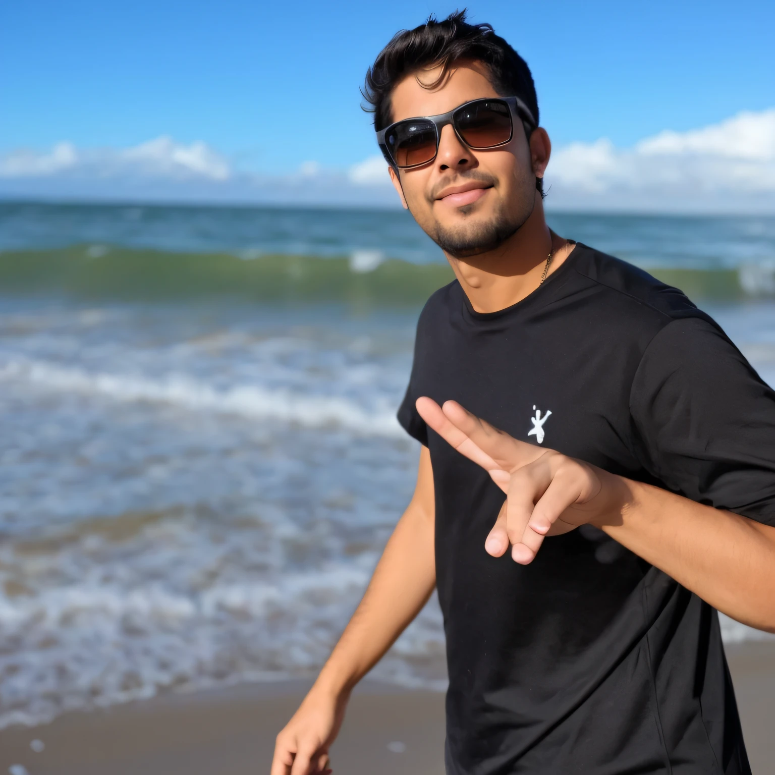 There's a man standing on the beach making a peace sign, foto de perfil 1024px, posando em uma praia com o oceano, Lucas Miranda , O oceano ao fundo, standing at the beach, oceano ao fundo, Condutor de Ene, em uma praia, na praia, na praia, com uma pose cool, Pose legal