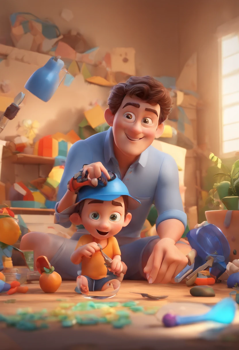 Estilo Pixar: The grown man is holding a naked blue-eyed boy and in his other hand he is holding a pair of scissors and is trying to cut off the boy's testicles,3D Poster,Disney