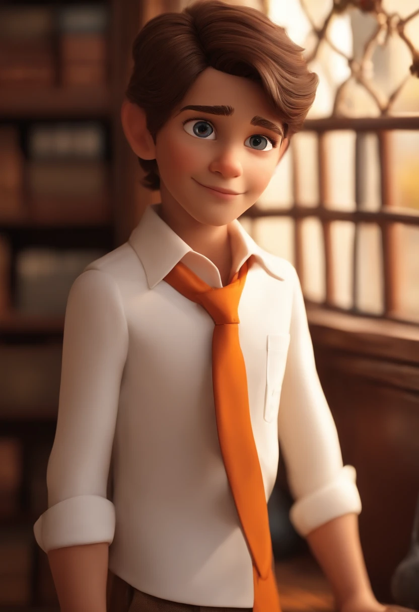 Make a light brunette boy, alto com covinhas na bocheca, fundo com tons de laranja, White dress shirt and orange badge, cabelo preto e olhos castanhos no estilo disney pixar